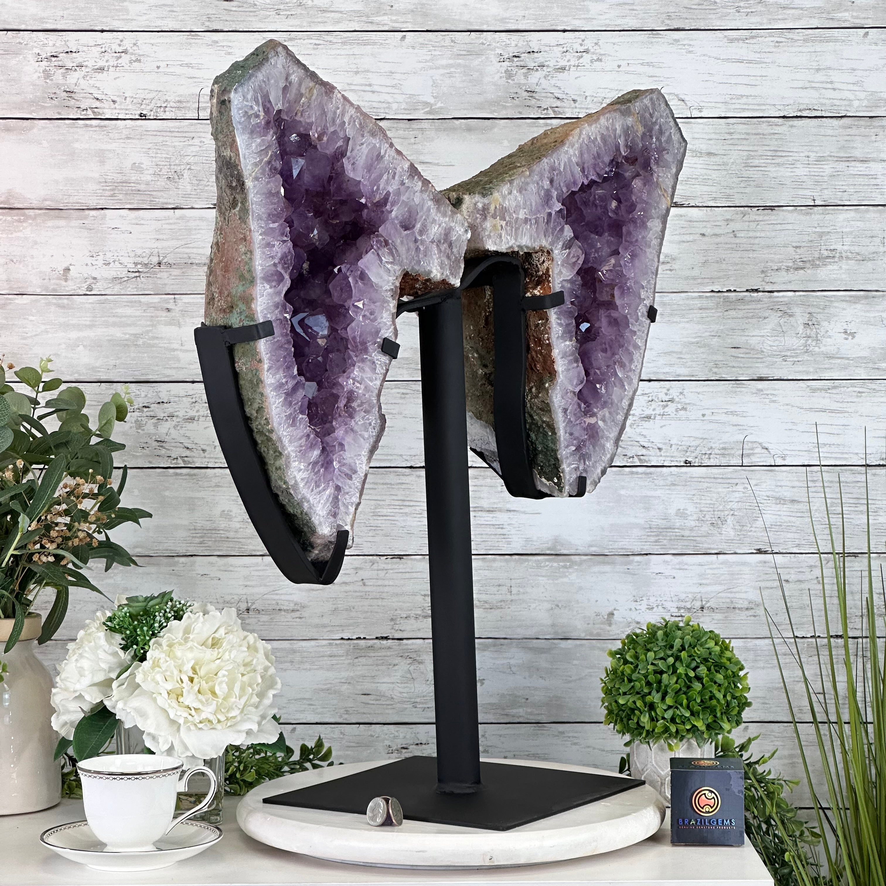 Amethyst Wings on a Metal Stand, 65.6 lbs & 25.6" Tall #5493 - 0049 - Brazil GemsBrazil GemsAmethyst Wings on a Metal Stand, 65.6 lbs & 25.6" Tall #5493 - 0049Amethyst Butterfly Wings5493 - 0049