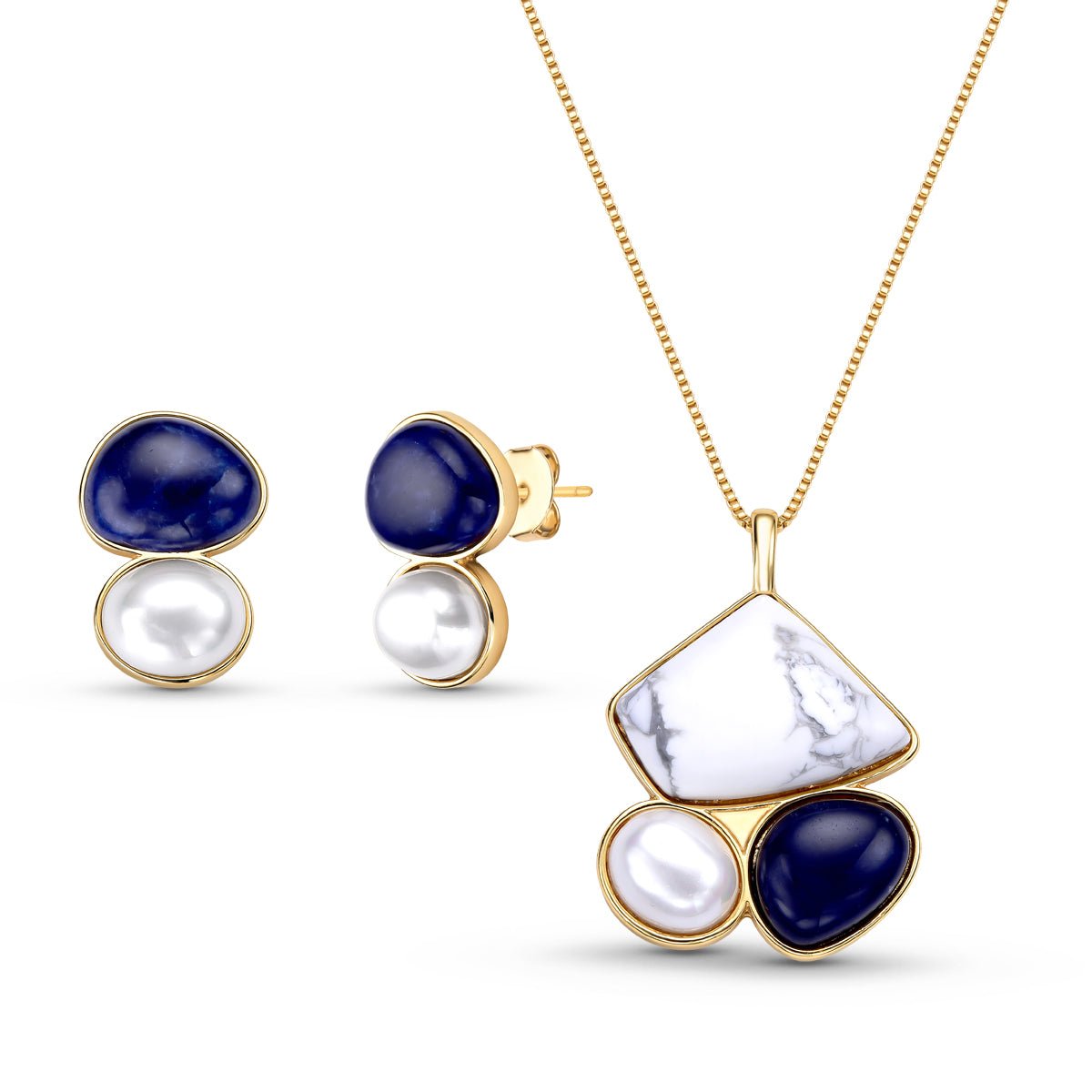 3-Stone Freeform Gold Plated Necklace & Earring Set by