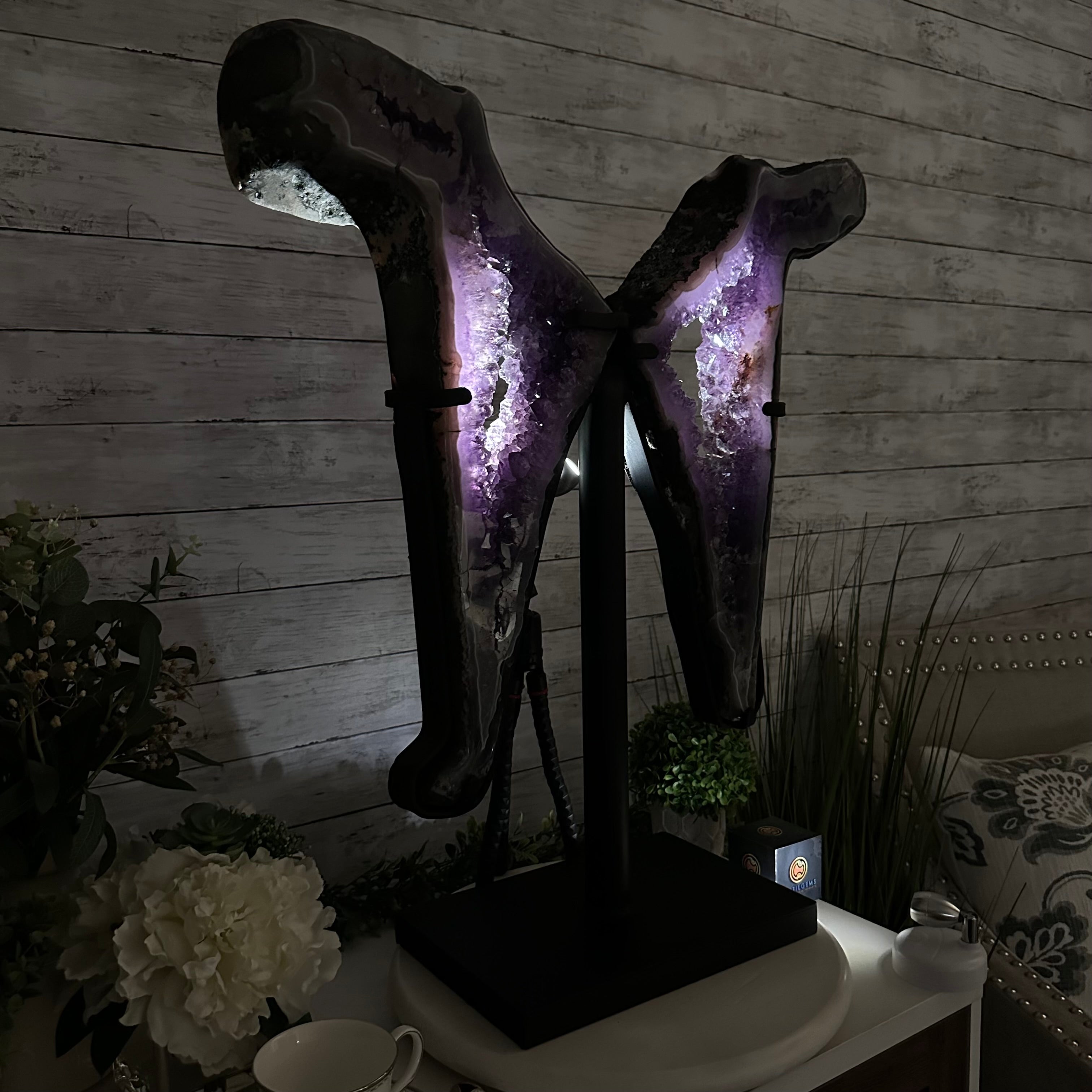 Amethyst Butterfly Wings on Metal Stand, 40.9 lbs, 27.4" Tall #5493 - 0042 - Brazil GemsBrazil GemsAmethyst Butterfly Wings on Metal Stand, 40.9 lbs, 27.4" Tall #5493 - 0042Amethyst Butterfly Wings5493 - 0042