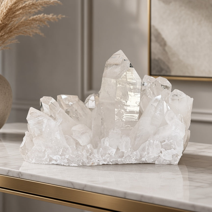 A large clear crystal cluster centerpiece displayed on a white marble console table with gold trim, next to a textured ceramic vase with dried grasses.