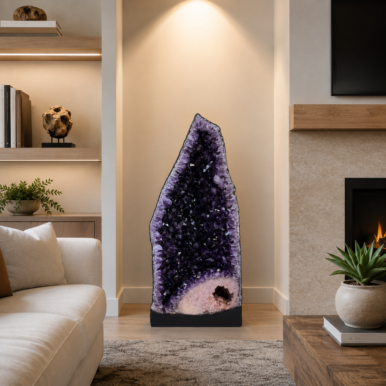 A large raw amethyst geode cluster on a black display base, styled in a modern living room next to a fireplace and sofa.