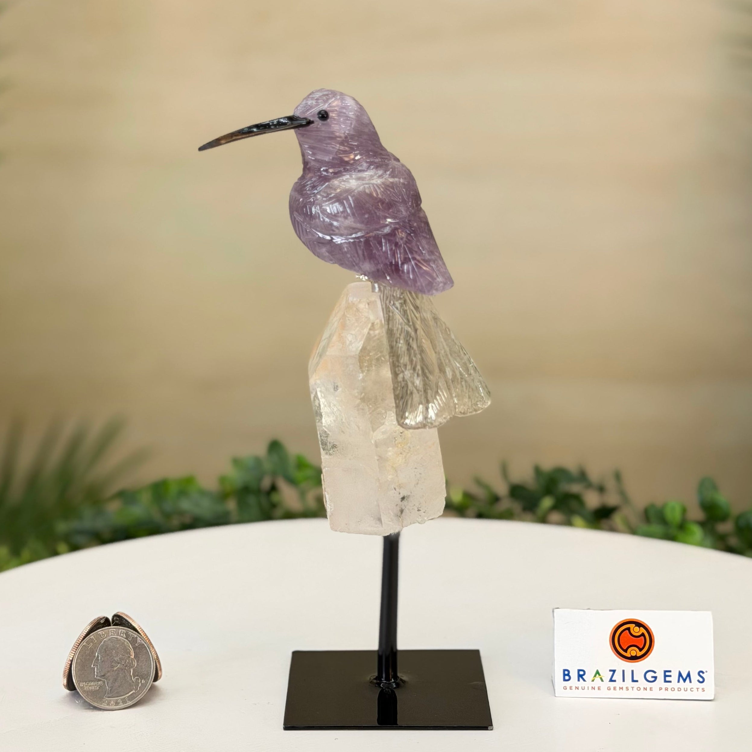 Crystal hummingbird figurine on a stand with a blurred natural background