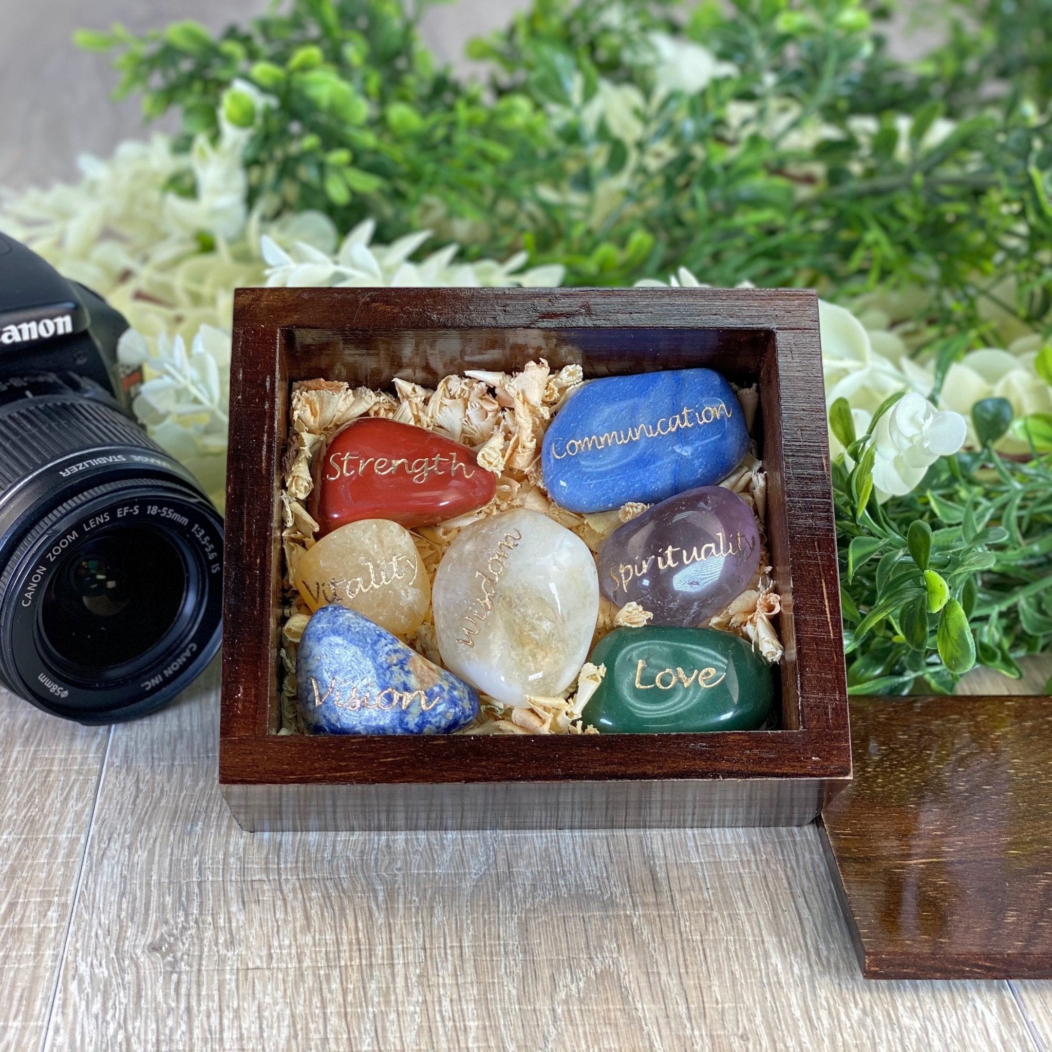 Handmade 7 Chakras Box Set w/ engraved healing crystals (5255