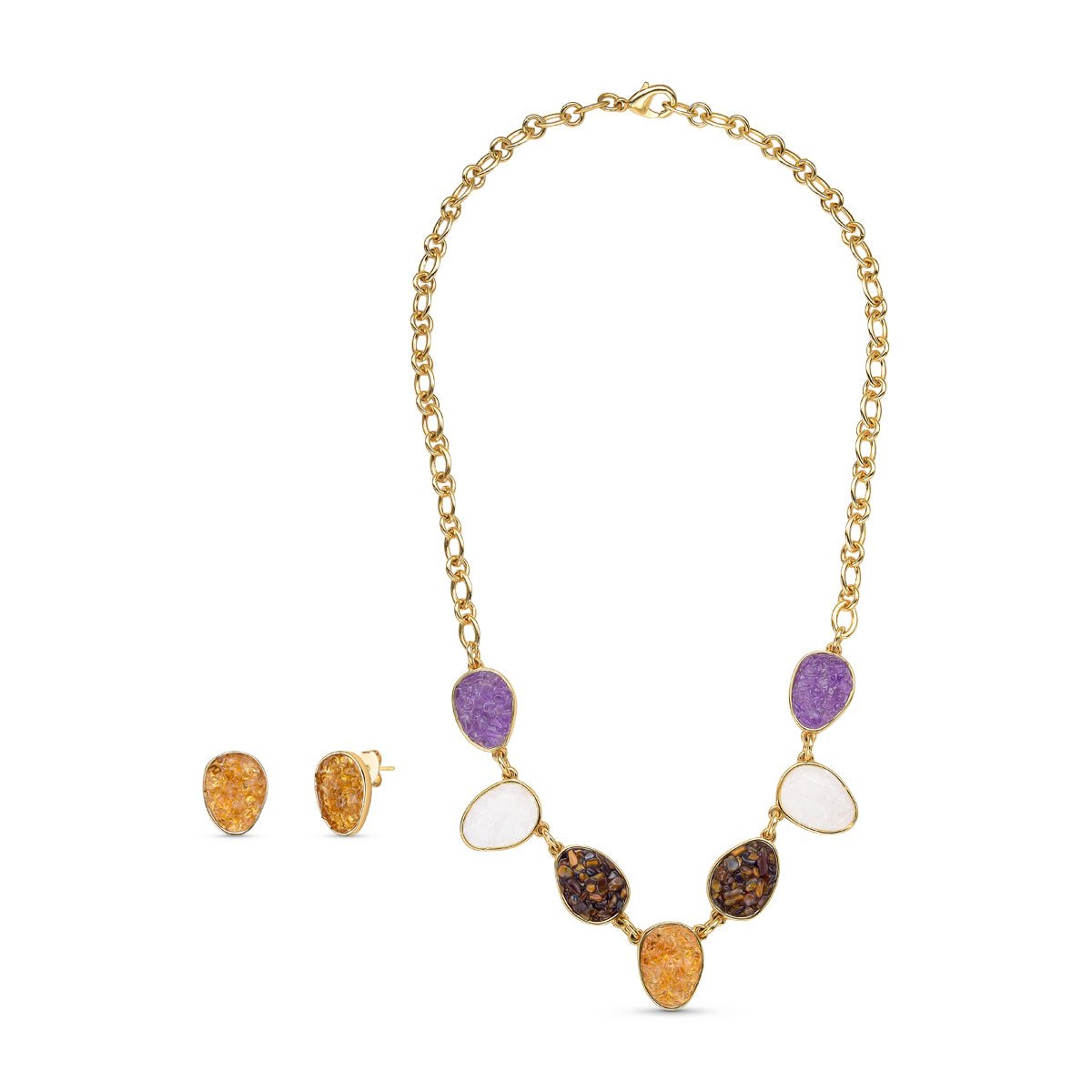 7 - Stone Gold Plated Riviera Necklace & Earring Set w/ Natural Gemstone Fragments - Brazil GemsBrazil Gems7 - Stone Gold Plated Riviera Necklace & Earring Set w/ Natural Gemstone FragmentsNecklace & Earring Set14GP1728 - 400