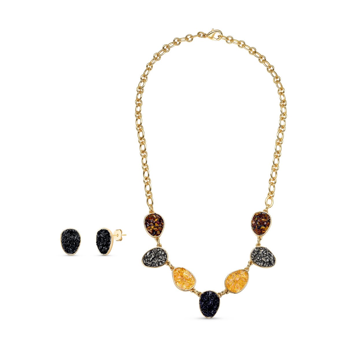 7 - Stone Gold Plated Riviera Necklace & Earring Set w/ Natural Gemstone Fragments - Brazil GemsBrazil Gems7 - Stone Gold Plated Riviera Necklace & Earring Set w/ Natural Gemstone FragmentsNecklace & Earring Set14GP1728 - 402