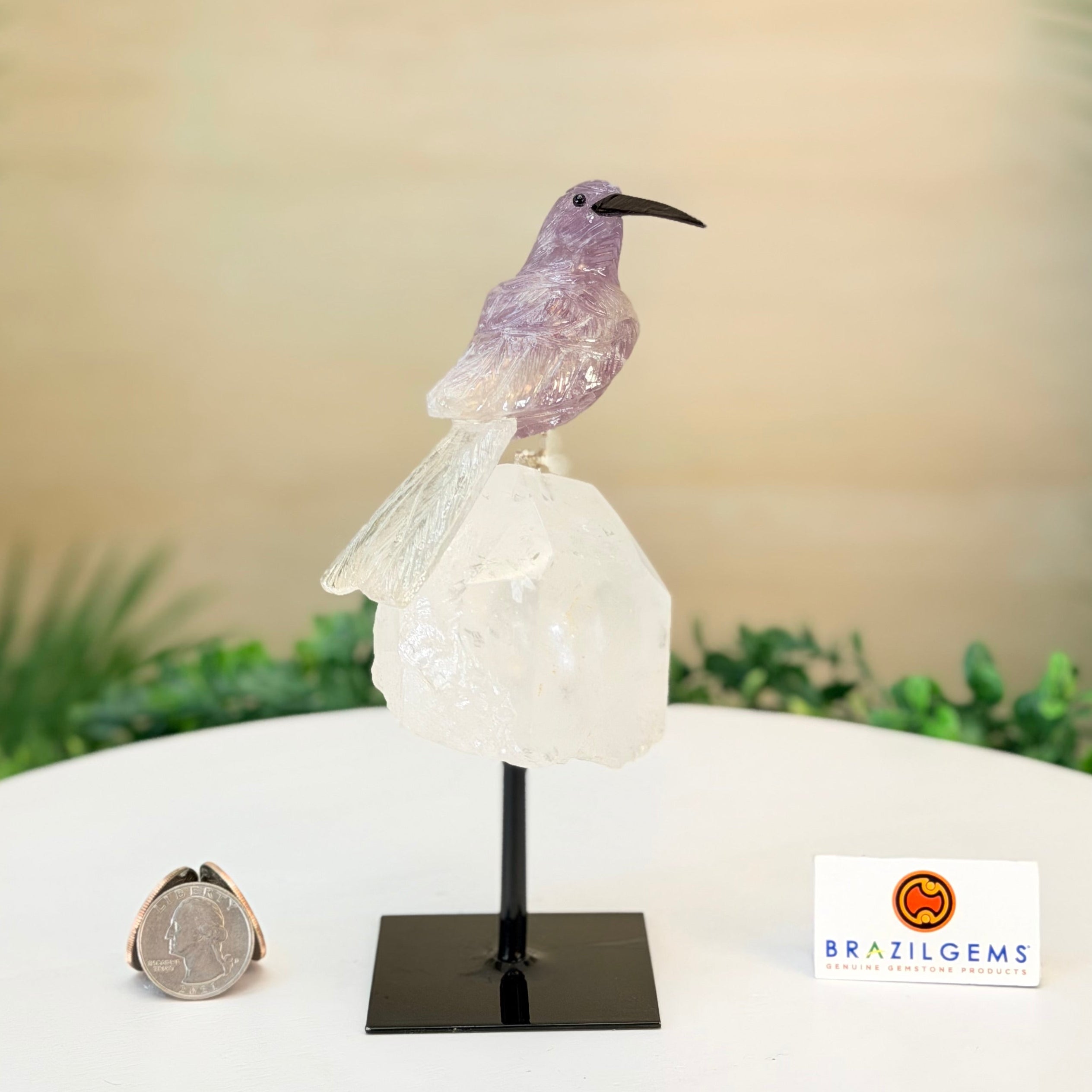 Crystal bird figurine on a stand with a blurred greenery background, featuring the BrazilGems logo.