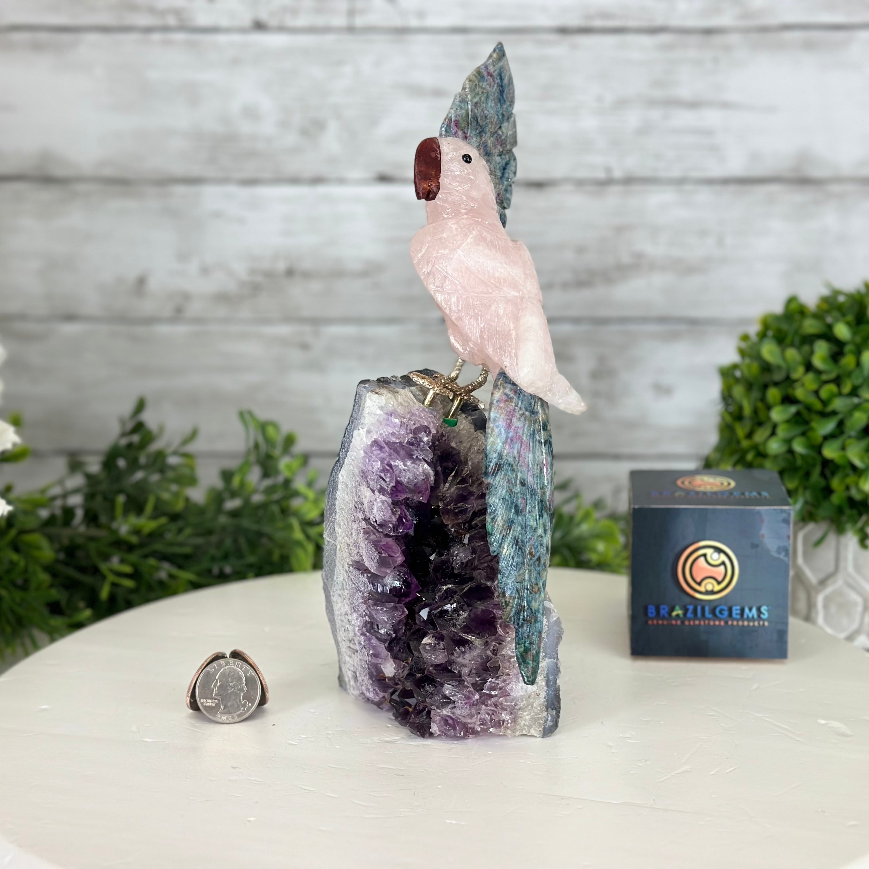 Hand-Carved Gemstone Cockatoo on a Crystal Cluster #3004-RQCAM-043
