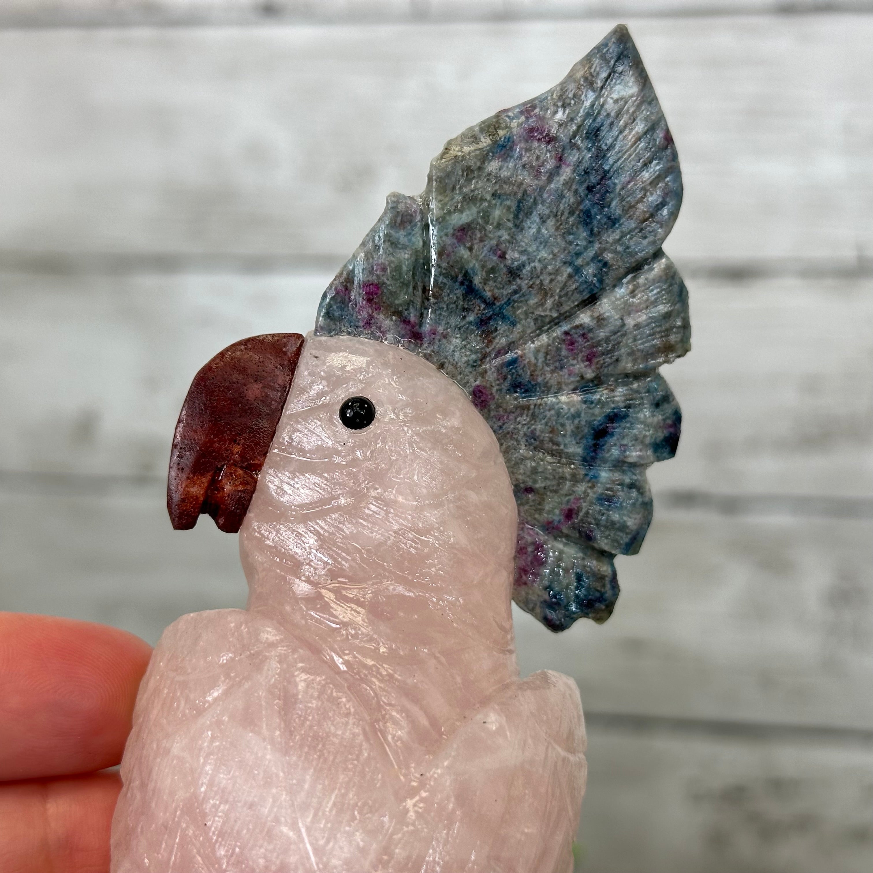 Hand-Carved Gemstone Cockatoo on a Crystal Cluster #3004-RQCAM-043