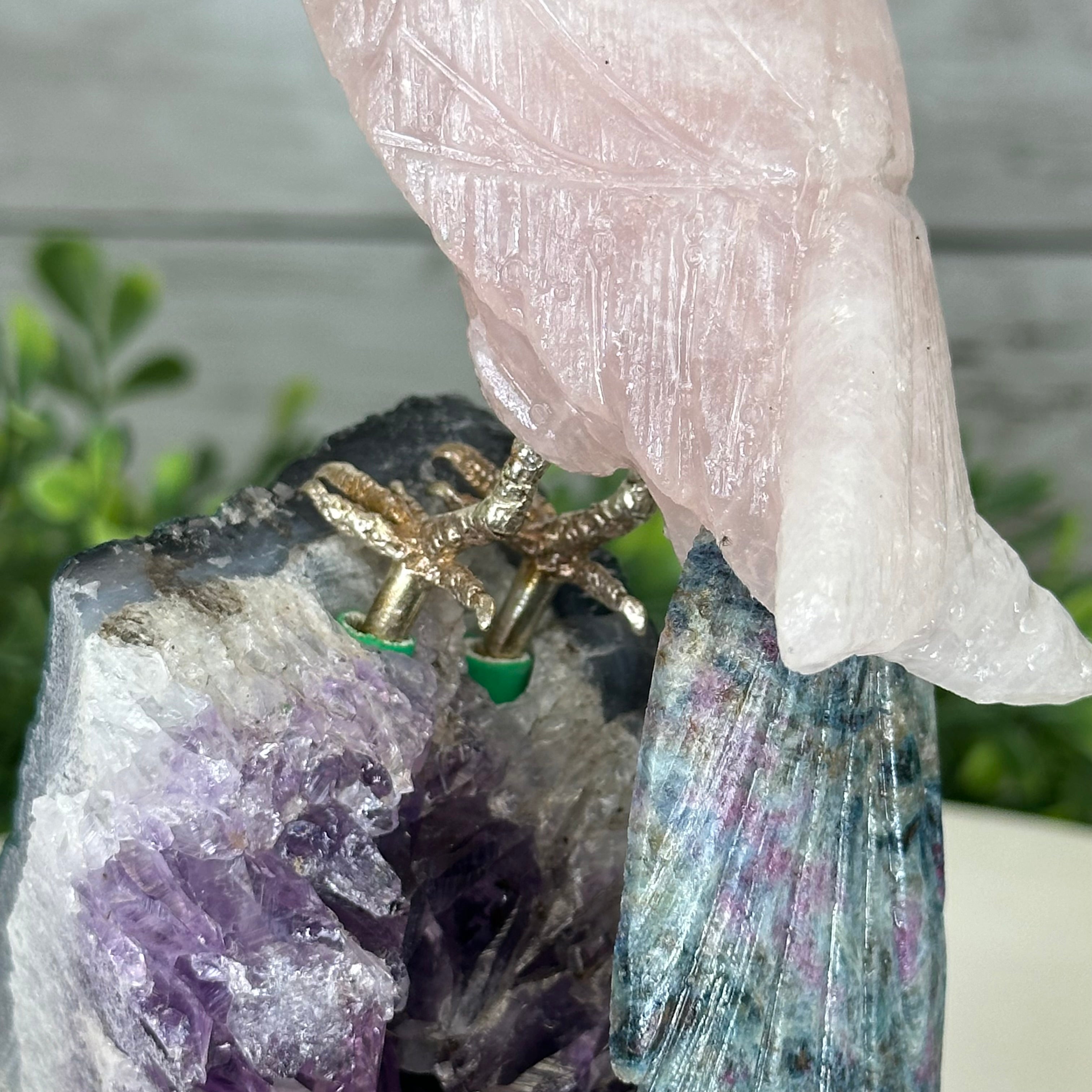 Hand-Carved Gemstone Cockatoo on a Crystal Cluster #3004-RQCAM-043