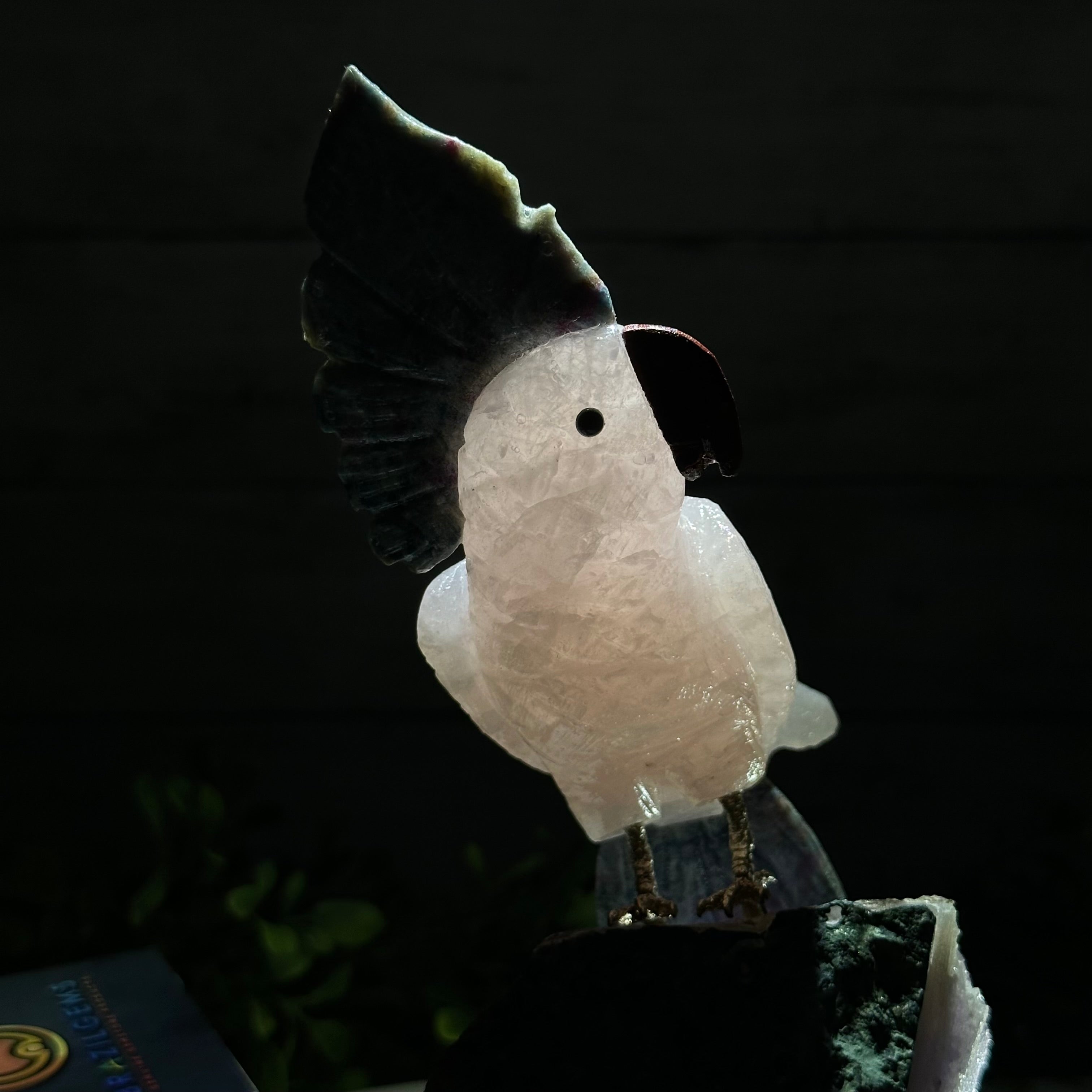 Hand-Carved Gemstone Cockatoo on a Crystal Cluster #3004-RQCAM-043