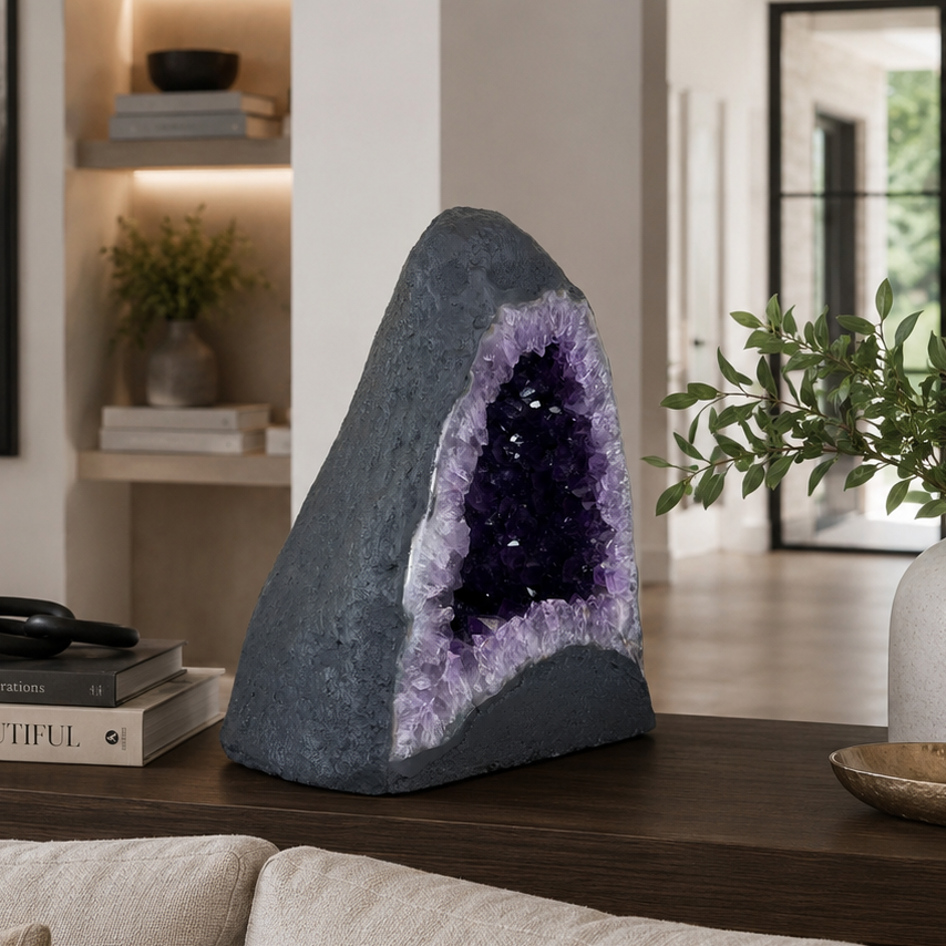 Decorative amethyst geode on a coffee table in a living room setting