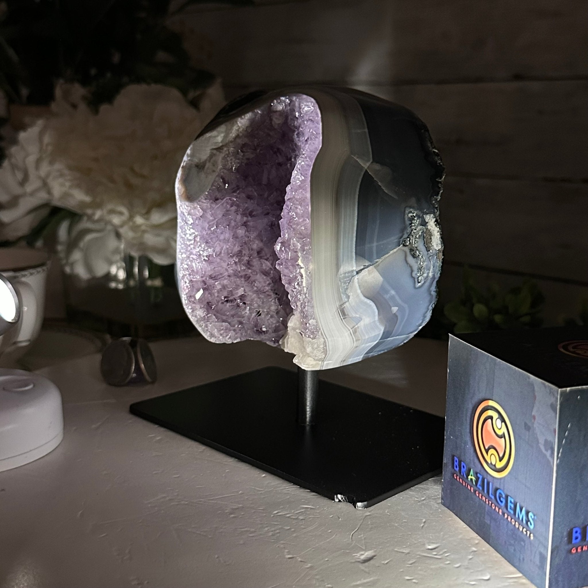Amethyst Cluster on a Metal Base, 4.3 lbs & 6.1" Tall #5491-0174 - Brazil GemsBrazil GemsAmethyst Cluster on a Metal Base, 4.3 lbs & 6.1" Tall #5491-0174Clusters on Fixed Bases5491-0174