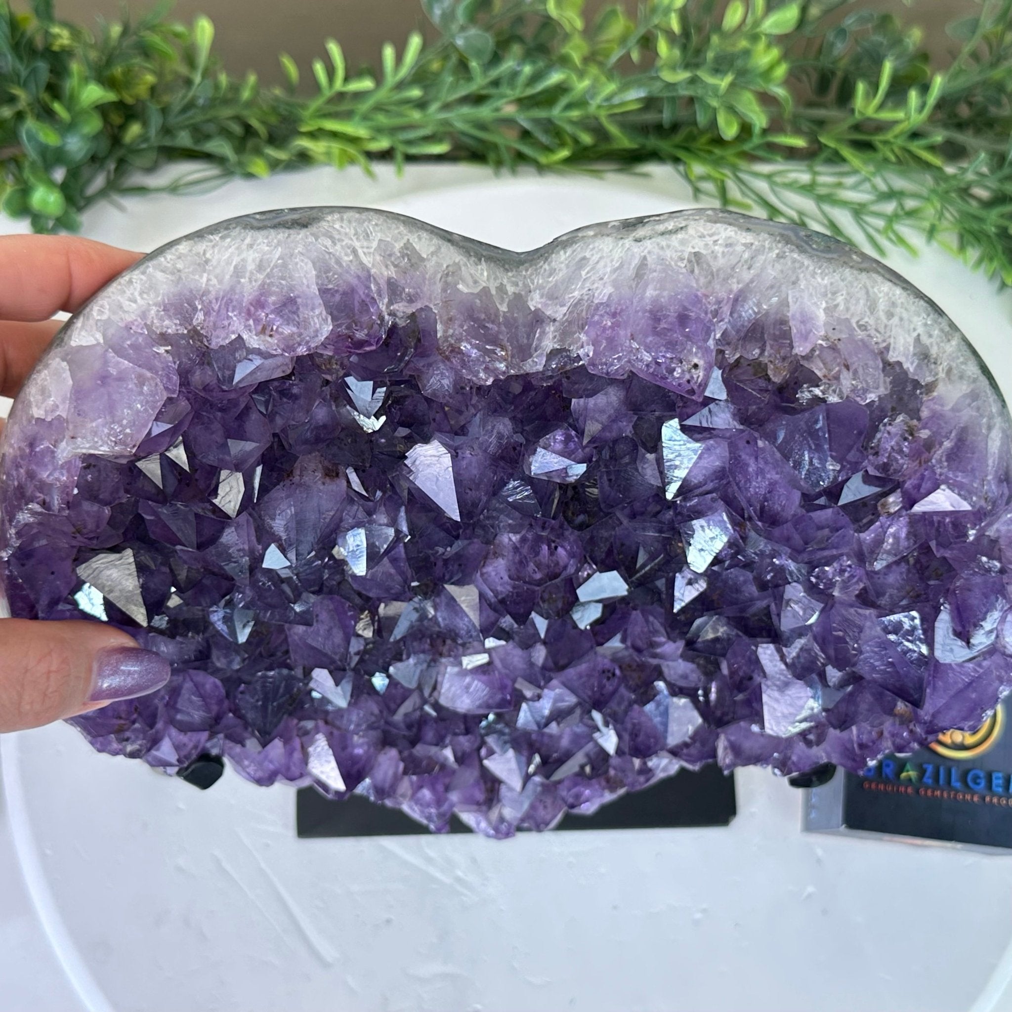 Amethyst Heart Geode on a Metal Stand, 11 lbs & 9.8" Tall #5463 - 0354 - Brazil GemsBrazil GemsAmethyst Heart Geode on a Metal Stand, 11 lbs & 9.8" Tall #5463 - 0354Hearts5463 - 0354