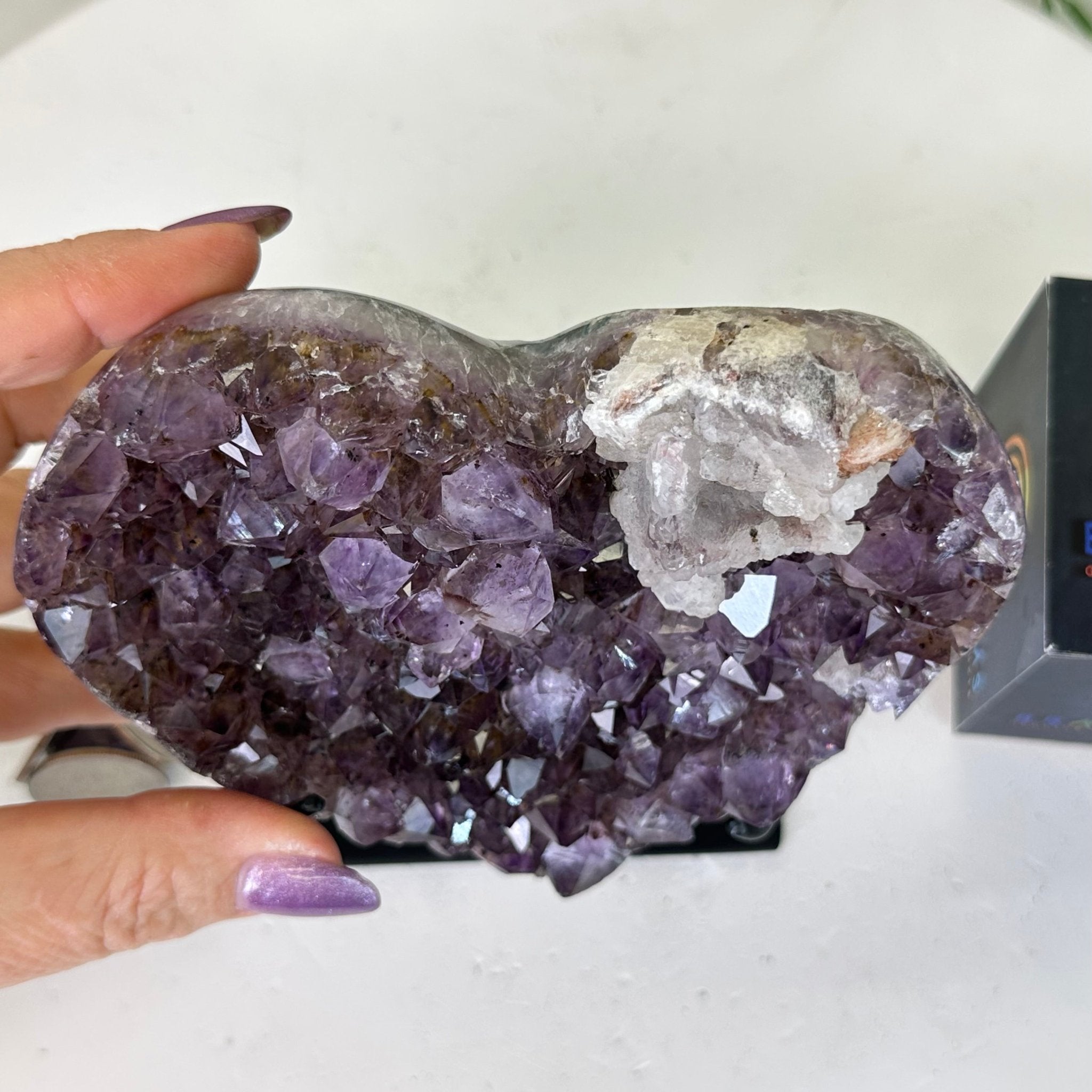 Amethyst Heart Geode on a Metal Stand, 2.1 lbs & 5.4" Tall #5463 - 0340 - Brazil GemsBrazil GemsAmethyst Heart Geode on a Metal Stand, 2.1 lbs & 5.4" Tall #5463 - 0340Hearts5463 - 0340