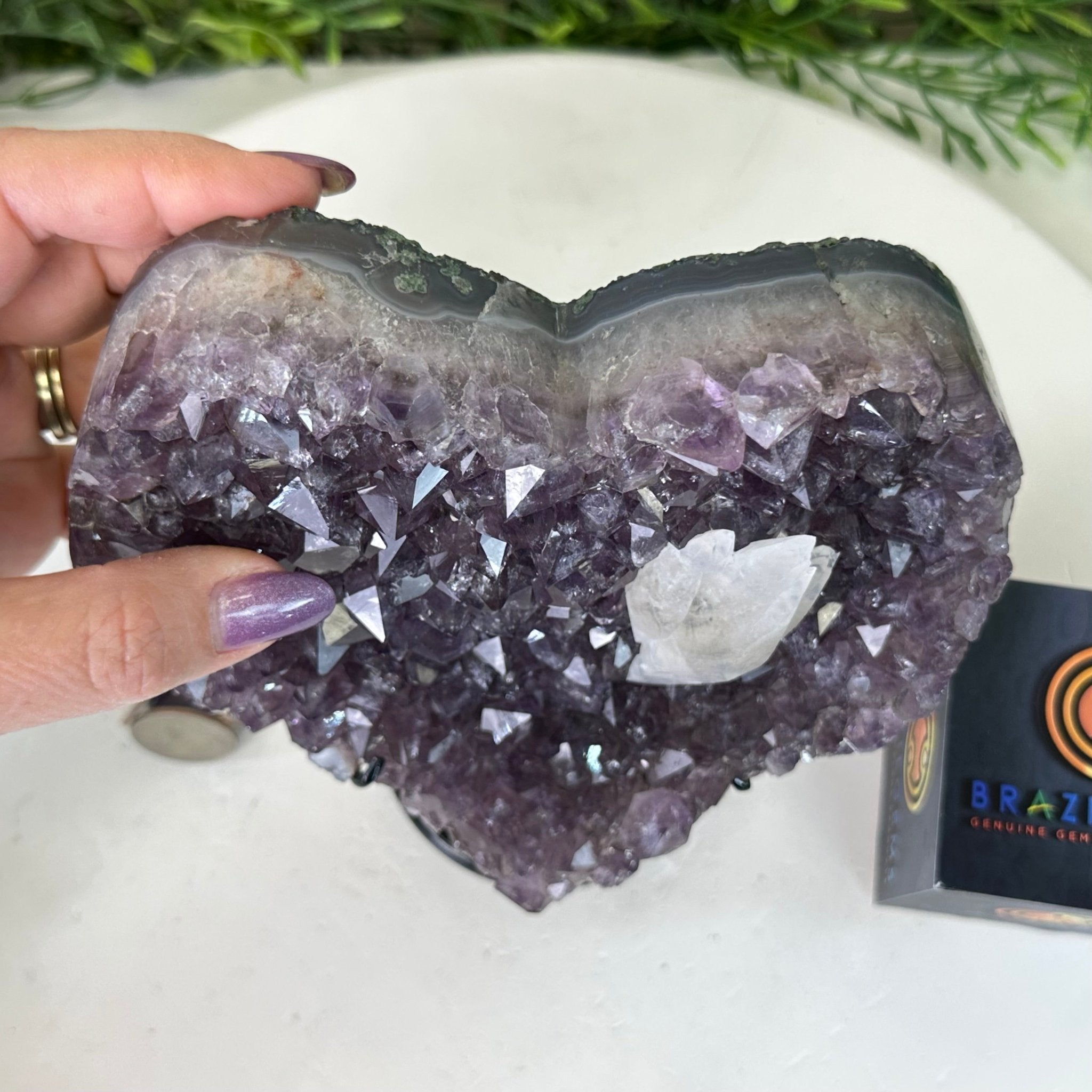 Amethyst Heart Geode on a Metal Stand, 3.3 lbs & 6.7" Tall #5463 - 0345 - Brazil GemsBrazil GemsAmethyst Heart Geode on a Metal Stand, 3.3 lbs & 6.7" Tall #5463 - 0345Hearts5463 - 0345