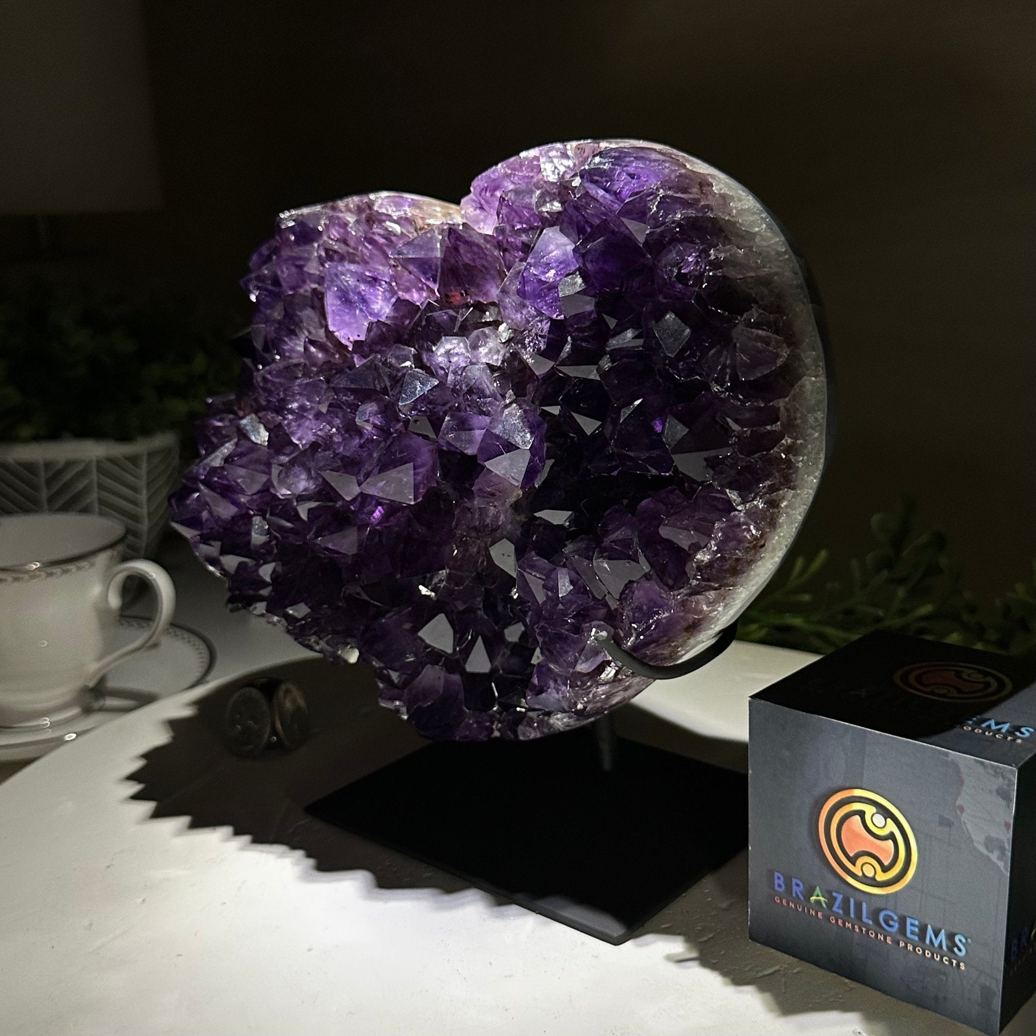 Amethyst Heart Geode on a Metal Stand, 8.6 lbs & 8" Tall #5463 - 0351 - Brazil GemsBrazil GemsAmethyst Heart Geode on a Metal Stand, 8.6 lbs & 8" Tall #5463 - 0351Hearts5463 - 0351