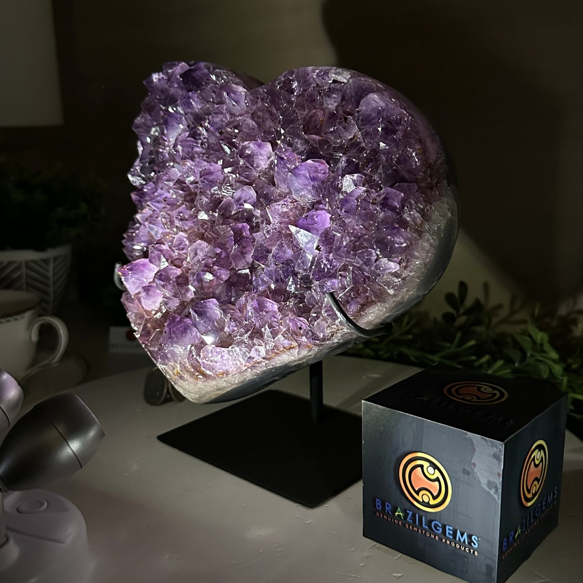 Amethyst Heart Geode on a Metal Stand, 9.3 lbs & 8.4" Tall #5463 - 0352 - Brazil GemsBrazil GemsAmethyst Heart Geode on a Metal Stand, 9.3 lbs & 8.4" Tall #5463 - 0352Hearts5463 - 0352