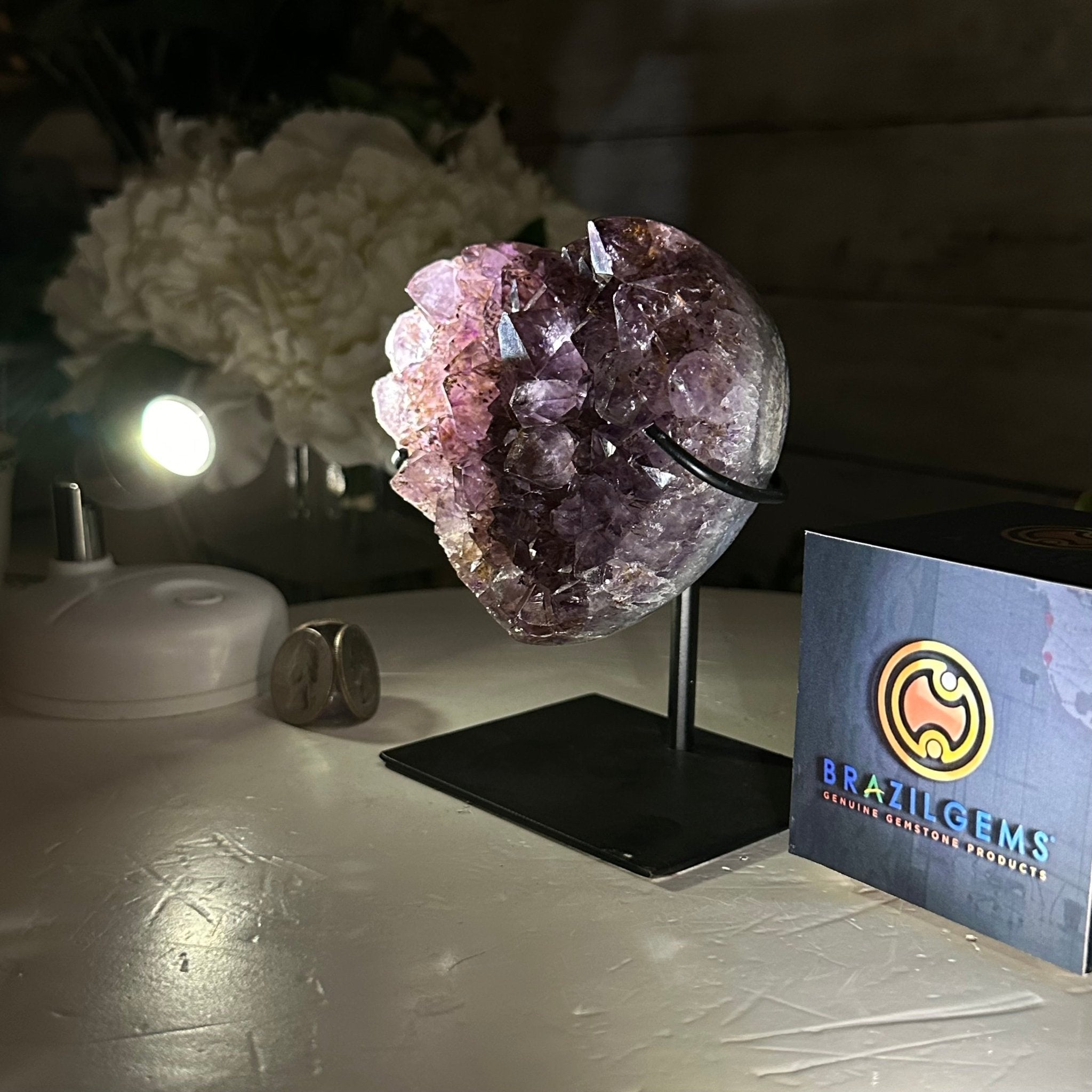 Amethyst Heart Geode w/ metal stand, 1.6 lbs & 5" Tall #5463-0307 - Brazil GemsBrazil GemsAmethyst Heart Geode w/ metal stand, 1.6 lbs & 5" Tall #5463-0307Hearts5463-0307