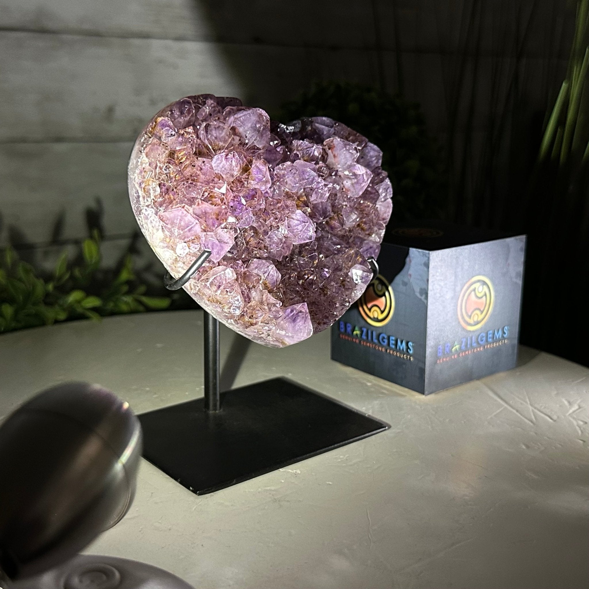 Amethyst Heart Geode w/ metal stand, 1.6 lbs & 5.1" Tall #5463-0303 - Brazil GemsBrazil GemsAmethyst Heart Geode w/ metal stand, 1.6 lbs & 5.1" Tall #5463-0303Hearts5463-0303