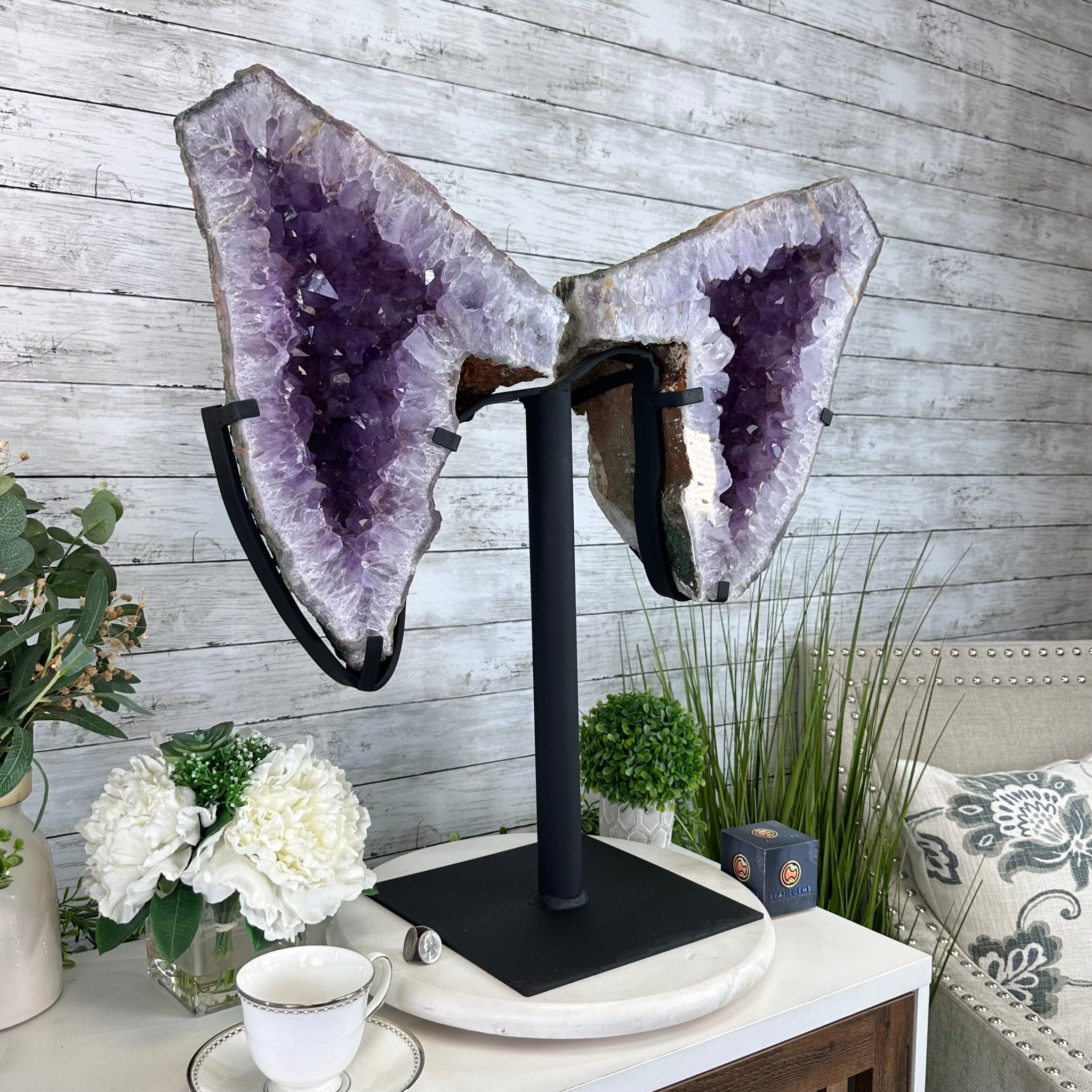 Amethyst Wings on a Metal Stand, 65.6 lbs & 25.6" Tall #5493 - 0049 - Brazil GemsBrazil GemsAmethyst Wings on a Metal Stand, 65.6 lbs & 25.6" Tall #5493 - 0049Amethyst Butterfly Wings5493 - 0049