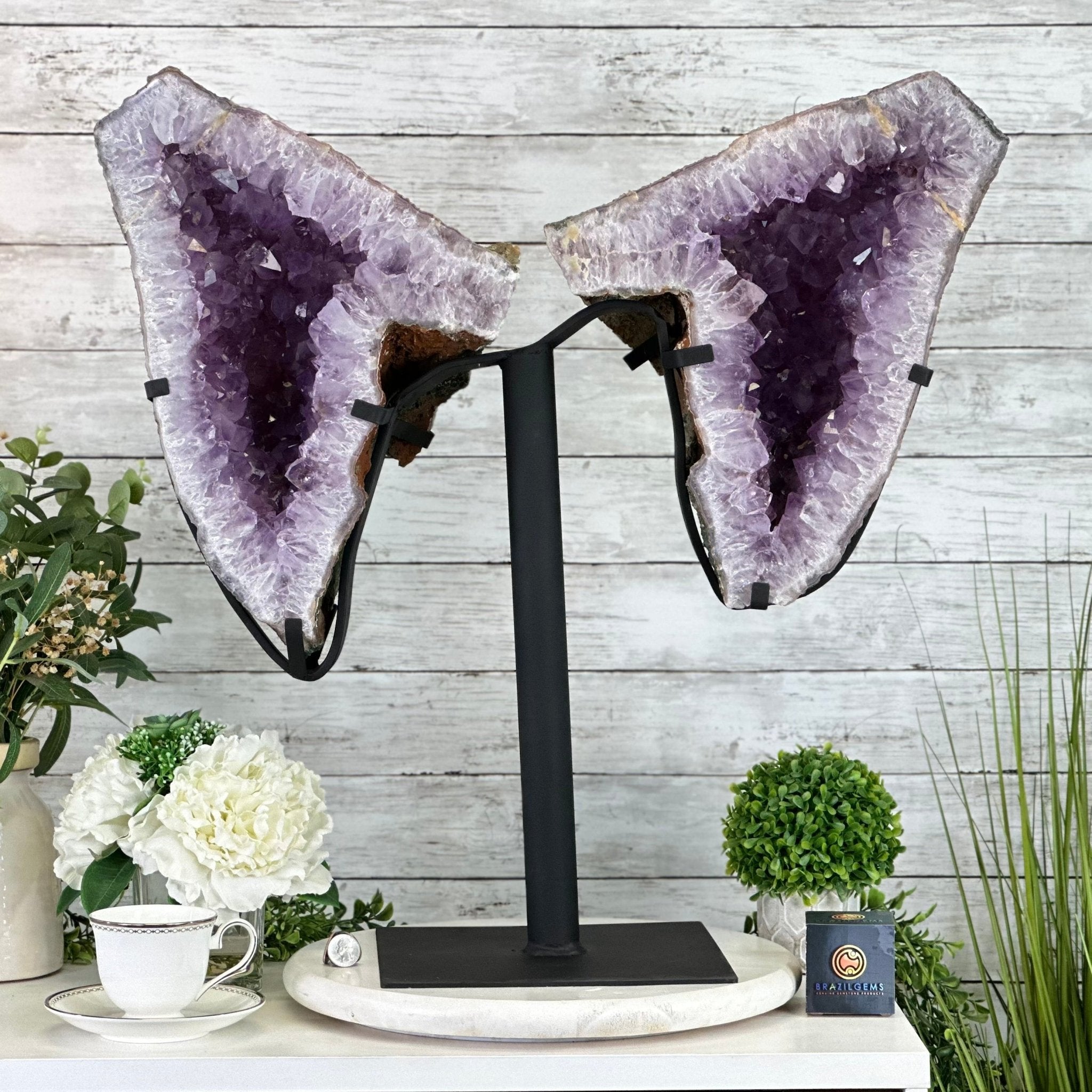 Amethyst Wings on a Metal Stand, 65.6 lbs & 25.6" Tall #5493 - 0049 - Brazil GemsBrazil GemsAmethyst Wings on a Metal Stand, 65.6 lbs & 25.6" Tall #5493 - 0049Amethyst Butterfly Wings5493 - 0049