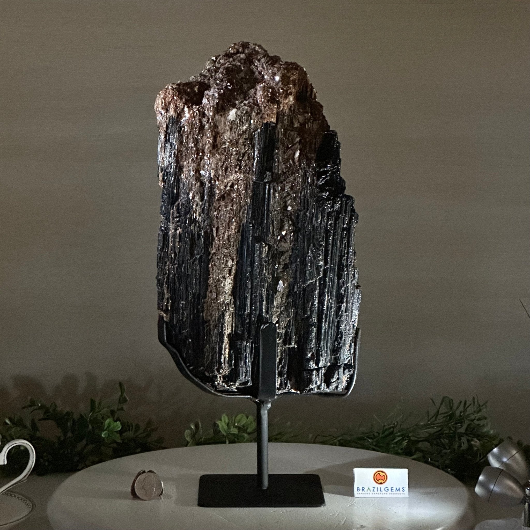 Black Tourmaline Cluster on a Metal Stand, 14.5 lbs and 15.6" Tall #6020 - 0007 - Brazil GemsBrazil GemsBlack Tourmaline Cluster on a Metal Stand, 14.5 lbs and 15.6" Tall #6020 - 0007Clusters on Wood Bases6020 - 0007