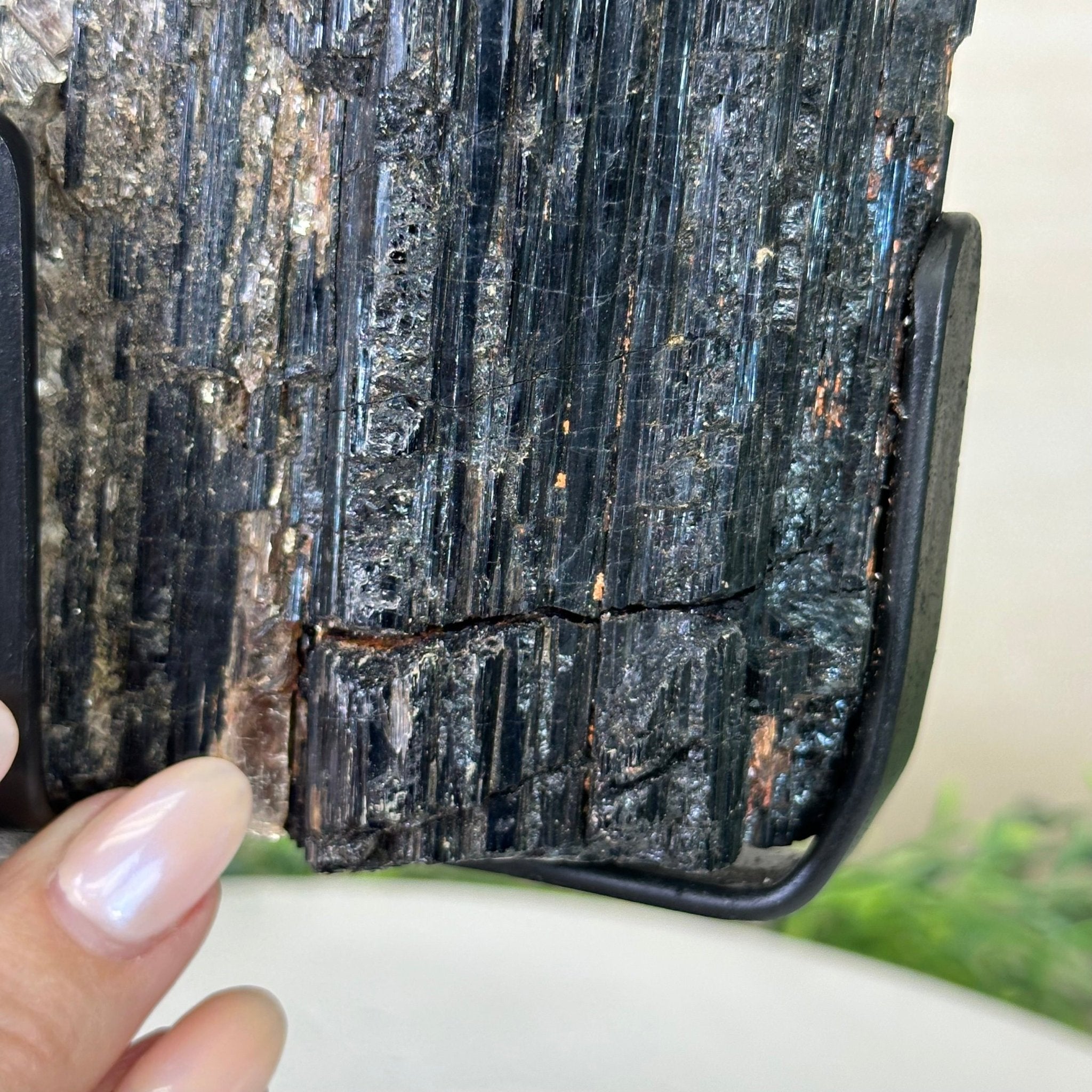 Black Tourmaline Cluster on a Metal Stand, 14.5 lbs and 15.6" Tall #6020 - 0007 - Brazil GemsBrazil GemsBlack Tourmaline Cluster on a Metal Stand, 14.5 lbs and 15.6" Tall #6020 - 0007Clusters on Wood Bases6020 - 0007