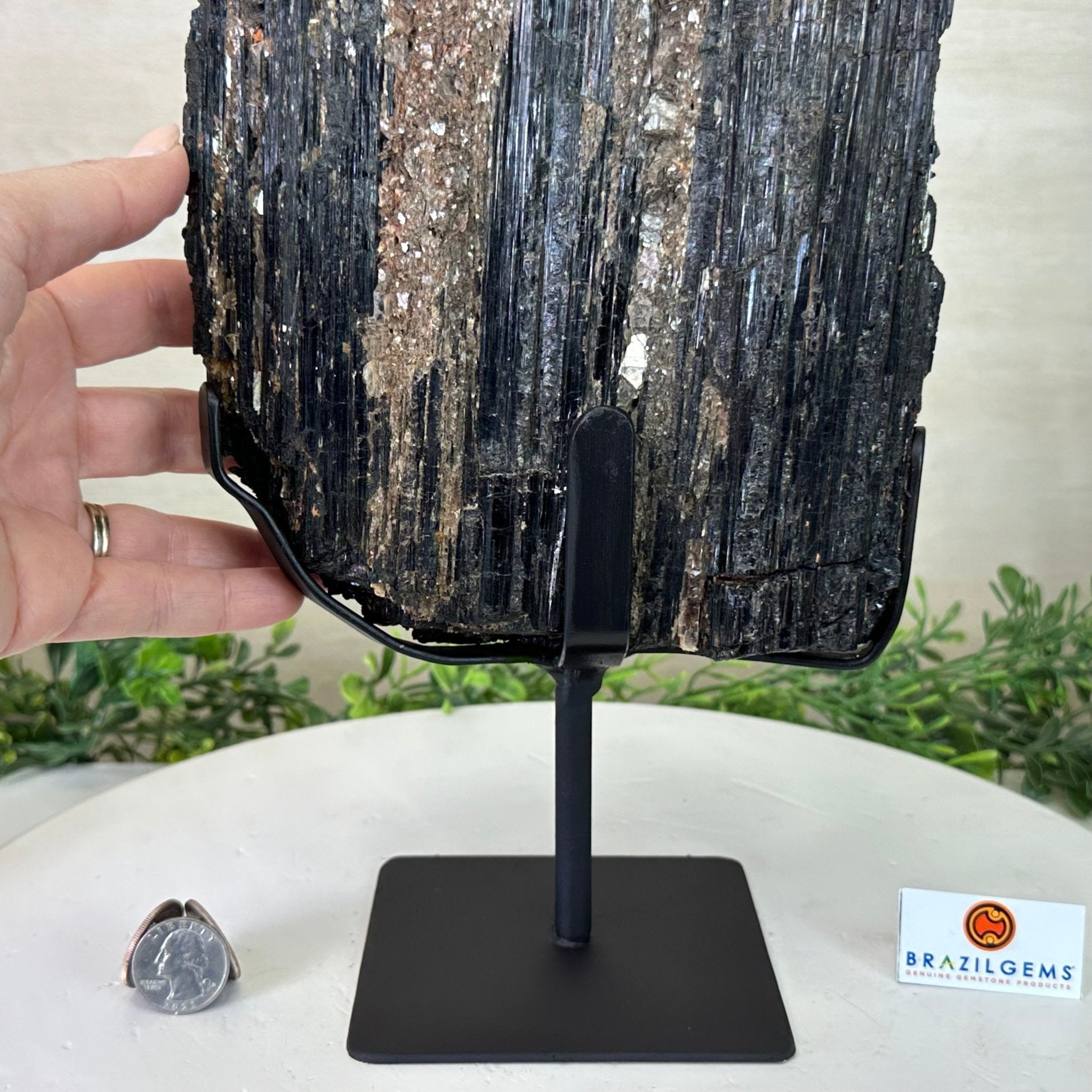 Black Tourmaline Cluster on a Metal Stand, 14.5 lbs and 15.6" Tall #6020 - 0007 - Brazil GemsBrazil GemsBlack Tourmaline Cluster on a Metal Stand, 14.5 lbs and 15.6" Tall #6020 - 0007Clusters on Wood Bases6020 - 0007