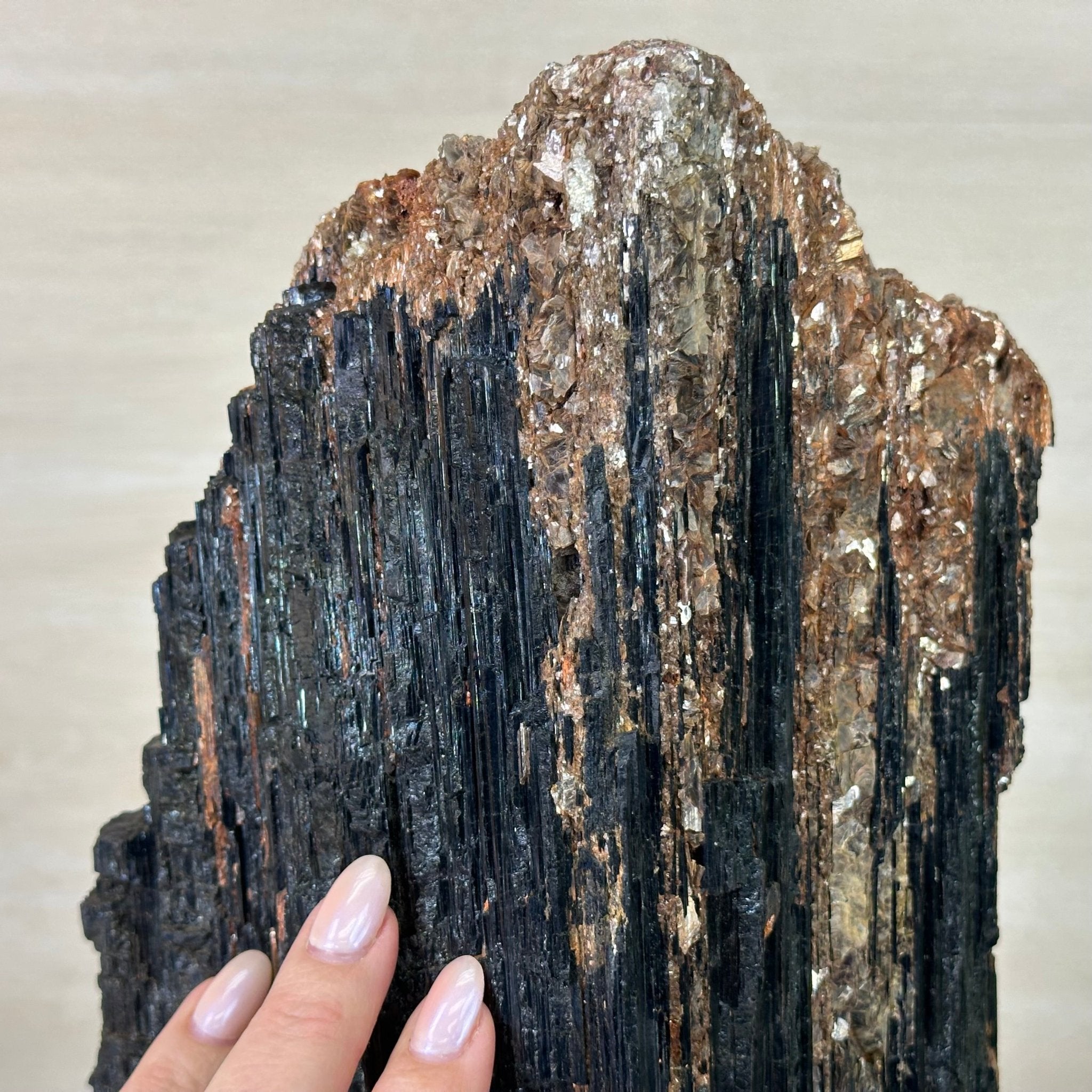 Black Tourmaline Cluster on a Metal Stand, 14.5 lbs and 15.6" Tall #6020 - 0007 - Brazil GemsBrazil GemsBlack Tourmaline Cluster on a Metal Stand, 14.5 lbs and 15.6" Tall #6020 - 0007Clusters on Wood Bases6020 - 0007