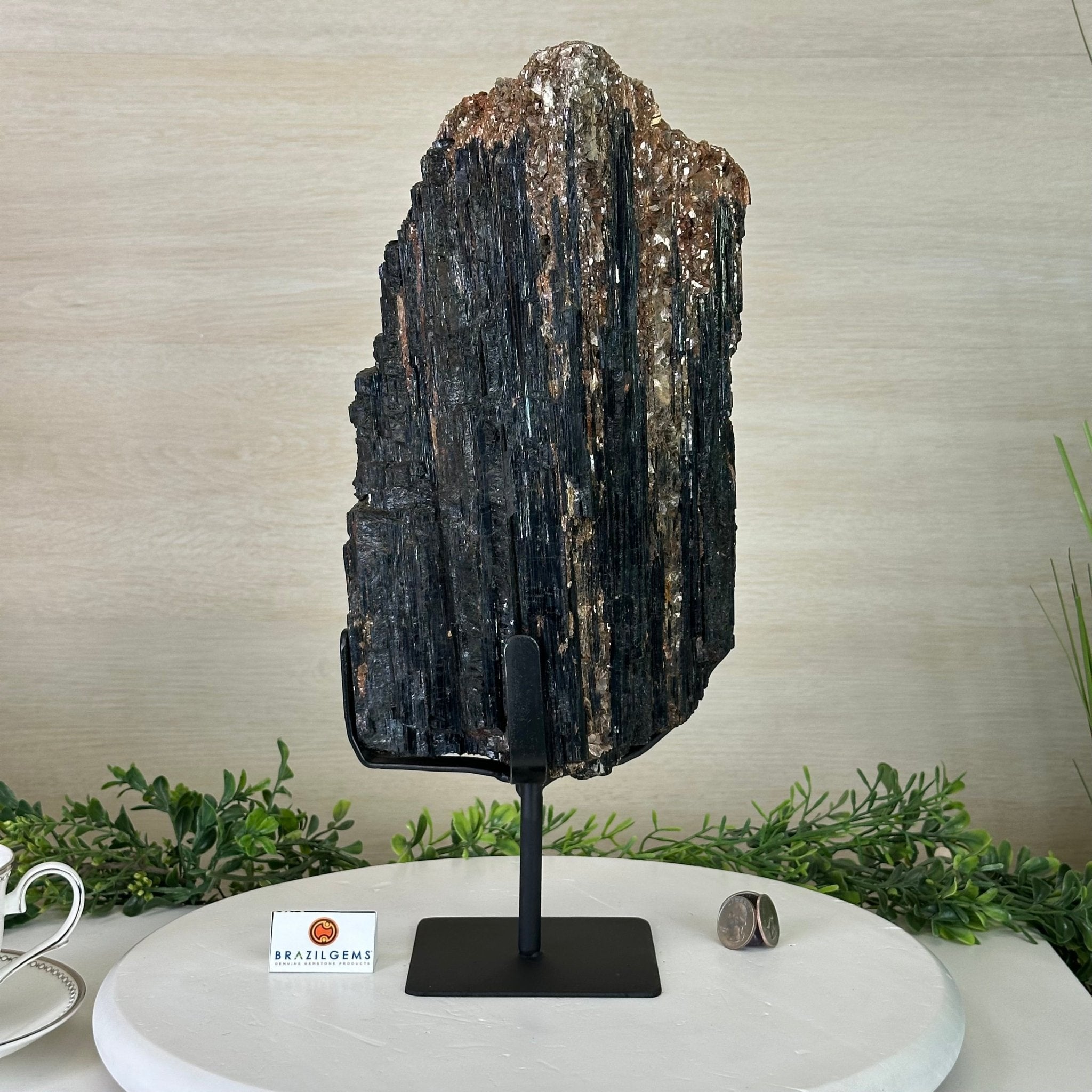 Black Tourmaline Cluster on a Metal Stand, 14.5 lbs and 15.6" Tall #6020 - 0007 - Brazil GemsBrazil GemsBlack Tourmaline Cluster on a Metal Stand, 14.5 lbs and 15.6" Tall #6020 - 0007Clusters on Wood Bases6020 - 0007