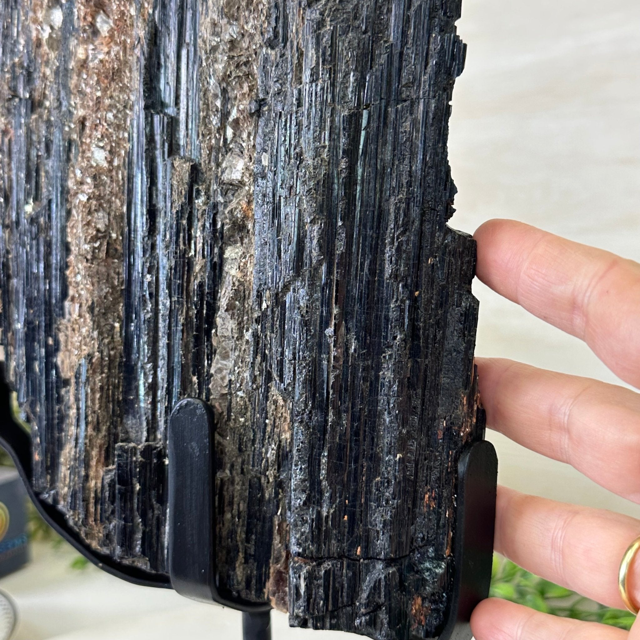 Black Tourmaline Cluster on a Metal Stand, 14.5 lbs and 15.6" Tall #6020 - 0007 - Brazil GemsBrazil GemsBlack Tourmaline Cluster on a Metal Stand, 14.5 lbs and 15.6" Tall #6020 - 0007Clusters on Wood Bases6020 - 0007