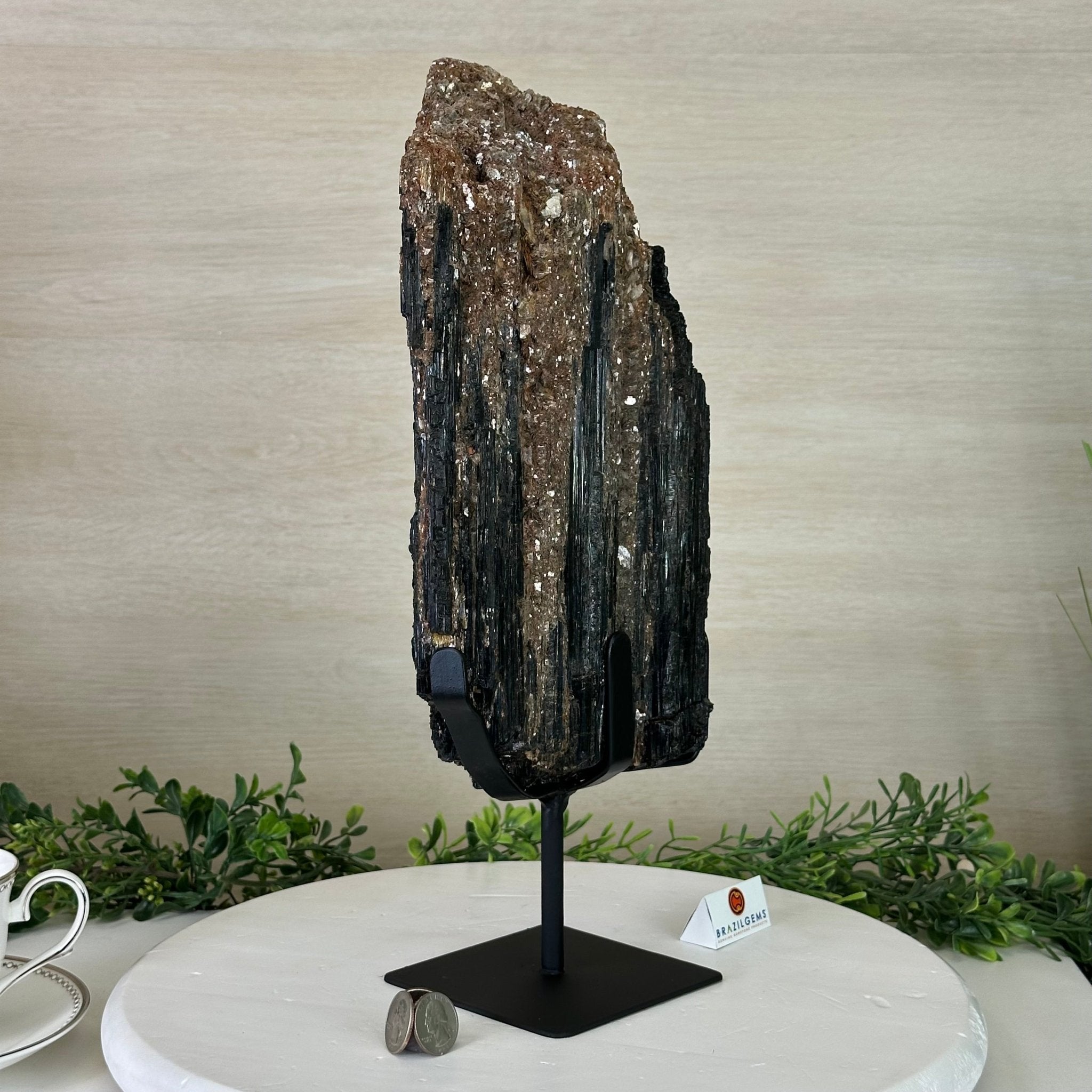 Black Tourmaline Cluster on a Metal Stand, 14.5 lbs and 15.6" Tall #6020 - 0007 - Brazil GemsBrazil GemsBlack Tourmaline Cluster on a Metal Stand, 14.5 lbs and 15.6" Tall #6020 - 0007Clusters on Wood Bases6020 - 0007