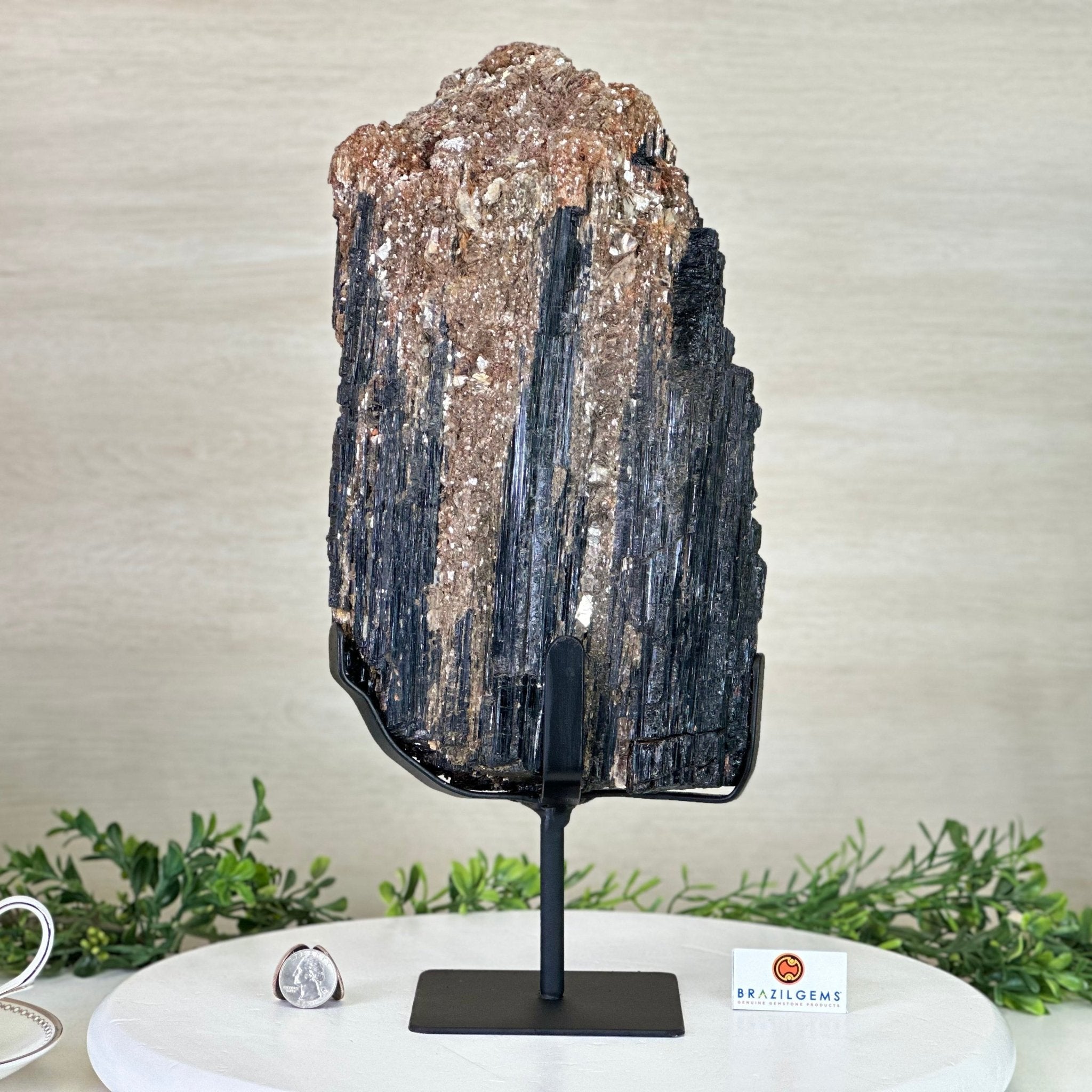 Black Tourmaline Cluster on a Metal Stand, 14.5 lbs and 15.6" Tall #6020 - 0007 - Brazil GemsBrazil GemsBlack Tourmaline Cluster on a Metal Stand, 14.5 lbs and 15.6" Tall #6020 - 0007Clusters on Wood Bases6020 - 0007