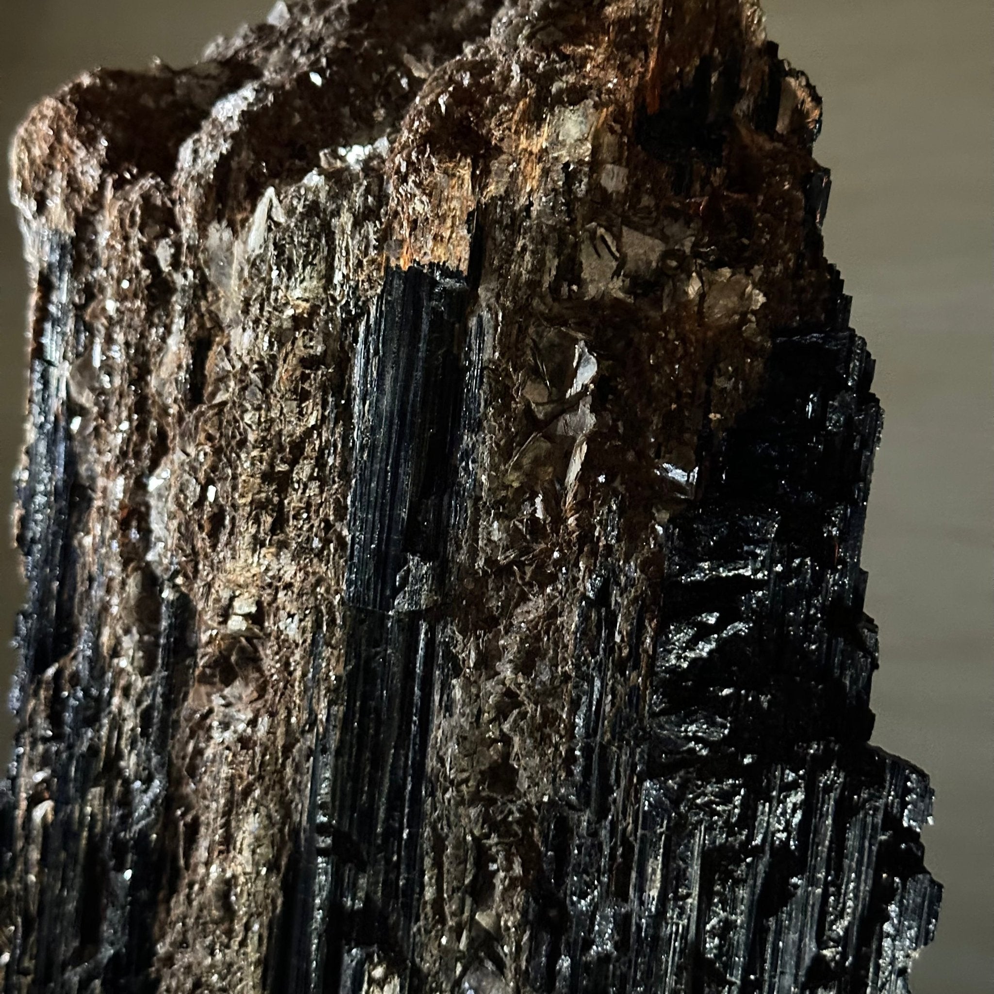 Black Tourmaline Cluster on a Metal Stand, 14.5 lbs and 15.6" Tall #6020 - 0007 - Brazil GemsBrazil GemsBlack Tourmaline Cluster on a Metal Stand, 14.5 lbs and 15.6" Tall #6020 - 0007Clusters on Wood Bases6020 - 0007