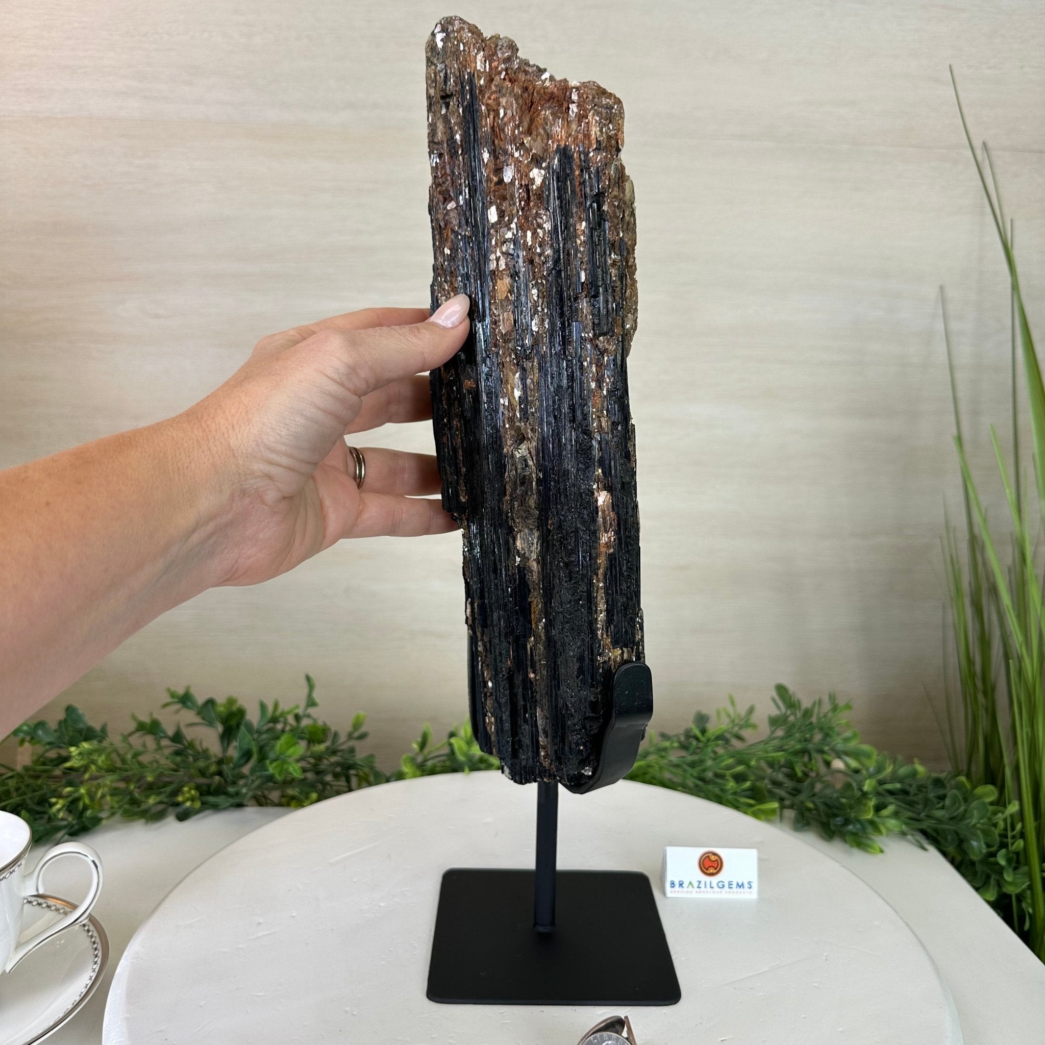 Black Tourmaline Cluster on a Metal Stand, 14.5 lbs and 15.6" Tall #6020 - 0007 - Brazil GemsBrazil GemsBlack Tourmaline Cluster on a Metal Stand, 14.5 lbs and 15.6" Tall #6020 - 0007Clusters on Wood Bases6020 - 0007