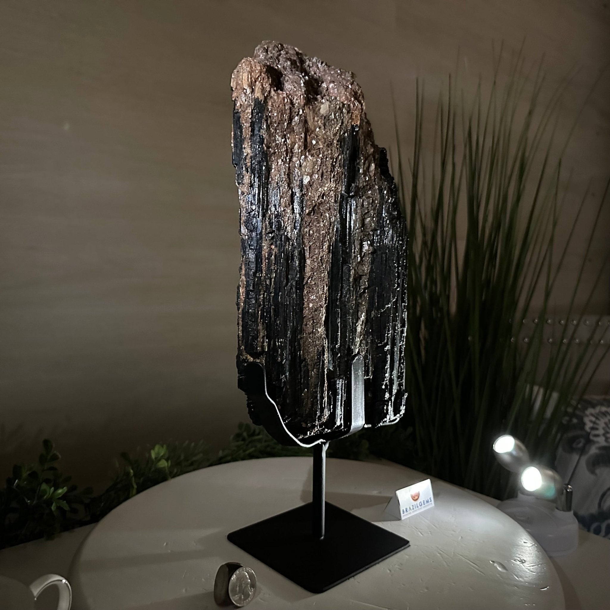 Black Tourmaline Cluster on a Metal Stand, 14.5 lbs and 15.6" Tall #6020 - 0007 - Brazil GemsBrazil GemsBlack Tourmaline Cluster on a Metal Stand, 14.5 lbs and 15.6" Tall #6020 - 0007Clusters on Wood Bases6020 - 0007