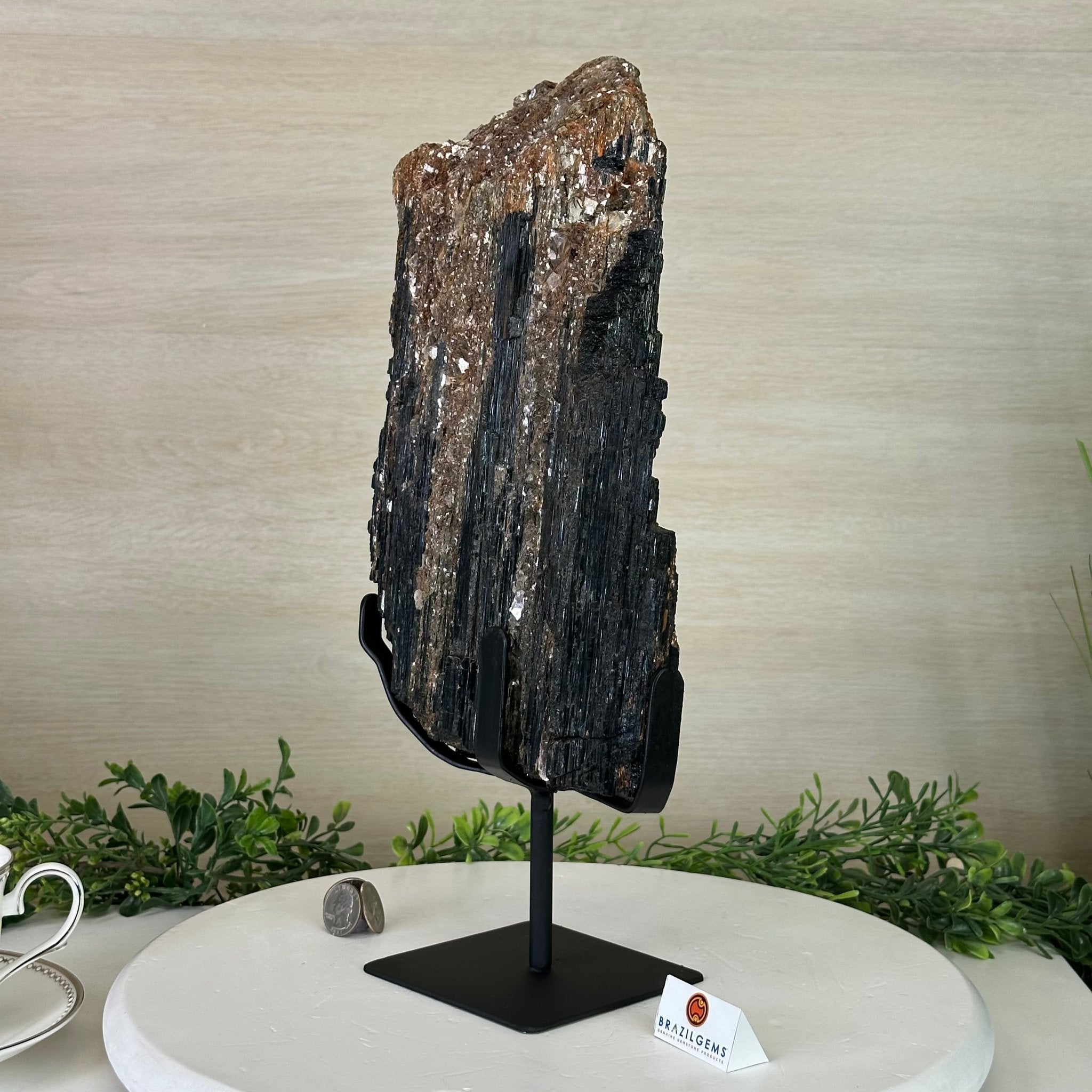 Black Tourmaline Cluster on a Metal Stand, 14.5 lbs and 15.6" Tall #6020 - 0007 - Brazil GemsBrazil GemsBlack Tourmaline Cluster on a Metal Stand, 14.5 lbs and 15.6" Tall #6020 - 0007Clusters on Wood Bases6020 - 0007