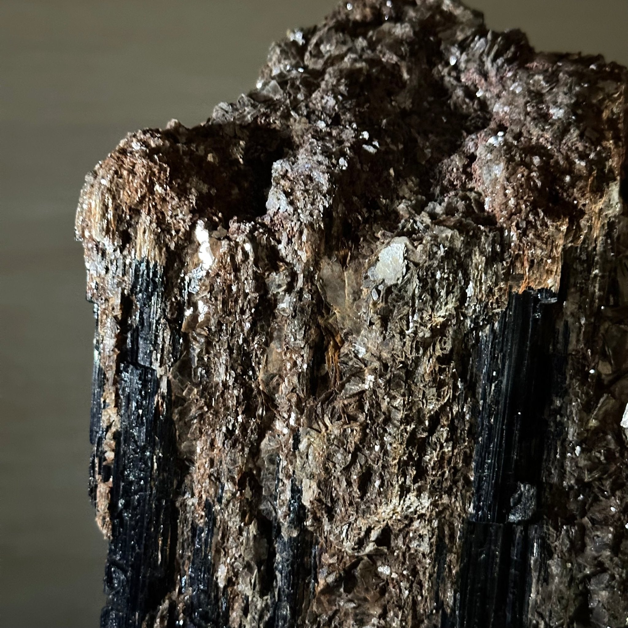 Black Tourmaline Cluster on a Metal Stand, 14.5 lbs and 15.6" Tall #6020 - 0007 - Brazil GemsBrazil GemsBlack Tourmaline Cluster on a Metal Stand, 14.5 lbs and 15.6" Tall #6020 - 0007Clusters on Wood Bases6020 - 0007