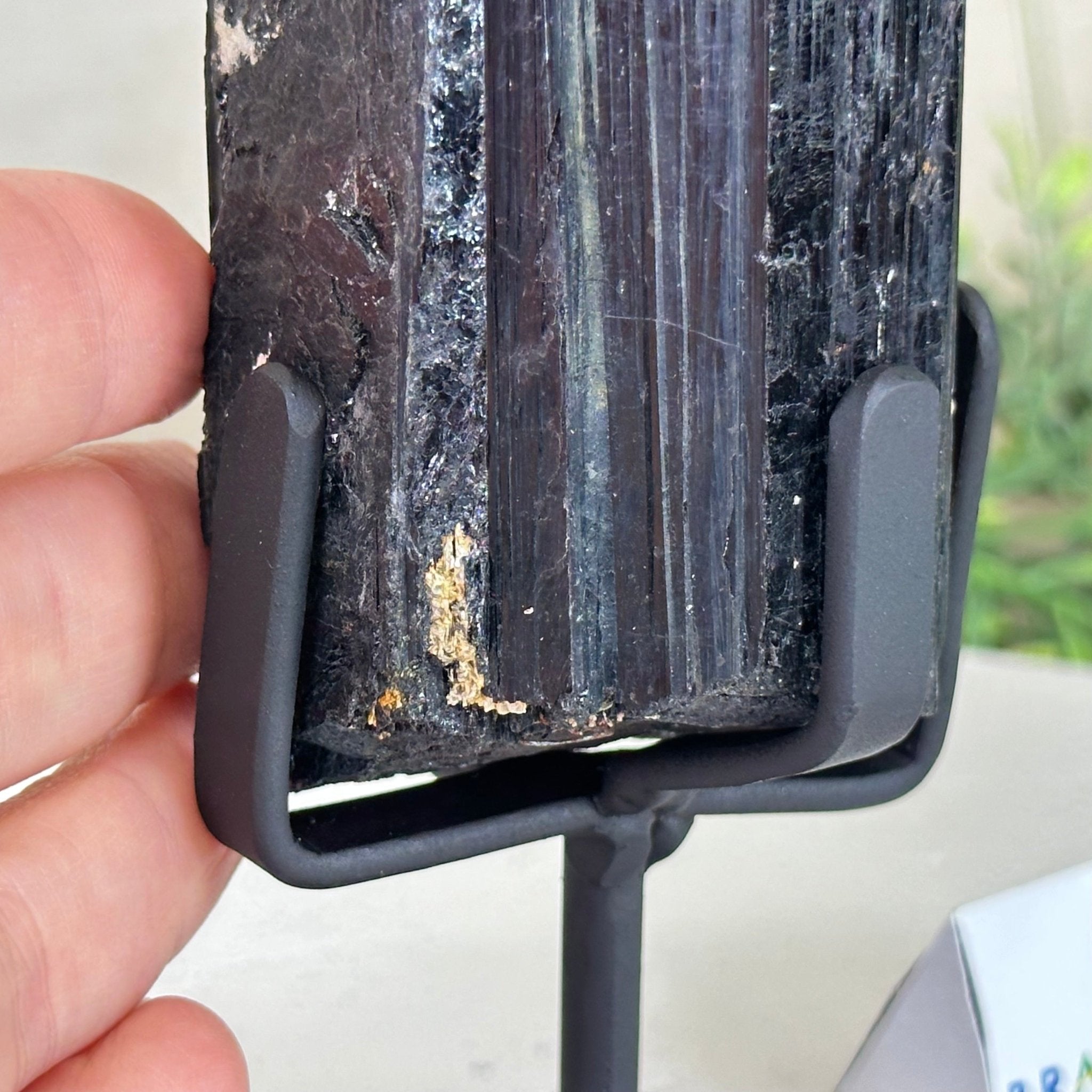 Black Tourmaline Cluster on a Metal Stand, 1.5 lbs and 6.1" Tall #6020 - 0001 - Brazil GemsBrazil GemsBlack Tourmaline Cluster on a Metal Stand, 1.5 lbs and 6.1" Tall #6020 - 0001Clusters on Wood Bases6020 - 0001