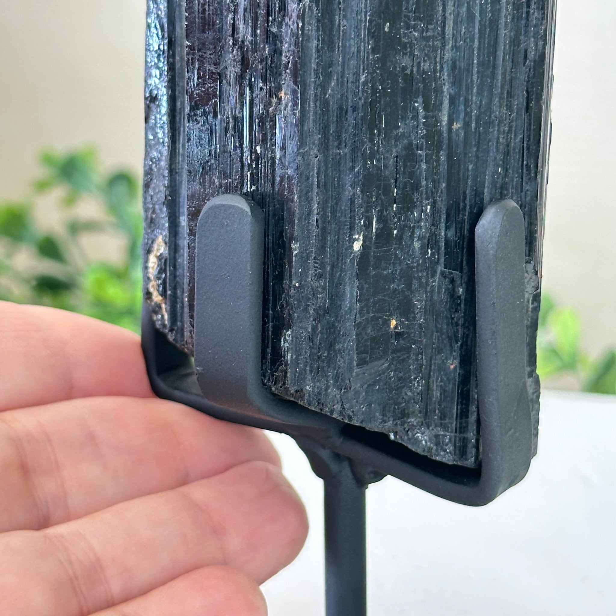 Black Tourmaline Cluster on a Metal Stand, 1.5 lbs and 6.1" Tall #6020 - 0001 - Brazil GemsBrazil GemsBlack Tourmaline Cluster on a Metal Stand, 1.5 lbs and 6.1" Tall #6020 - 0001Clusters on Wood Bases6020 - 0001