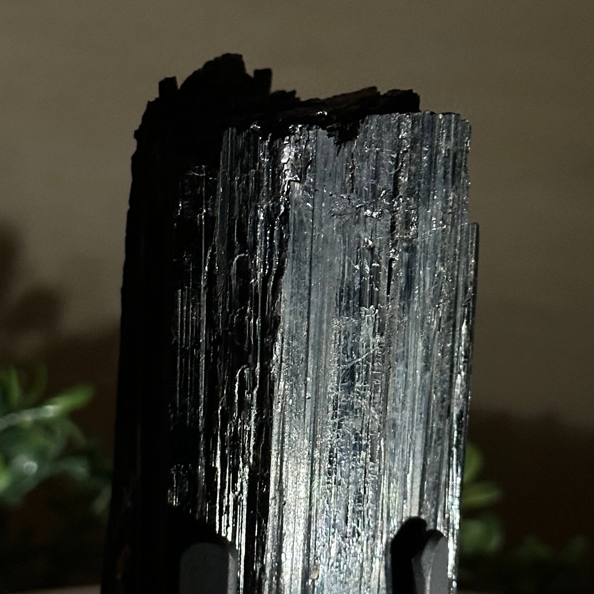 Black Tourmaline Cluster on a Metal Stand, 1.5 lbs and 6.1" Tall #6020 - 0001 - Brazil GemsBrazil GemsBlack Tourmaline Cluster on a Metal Stand, 1.5 lbs and 6.1" Tall #6020 - 0001Clusters on Wood Bases6020 - 0001