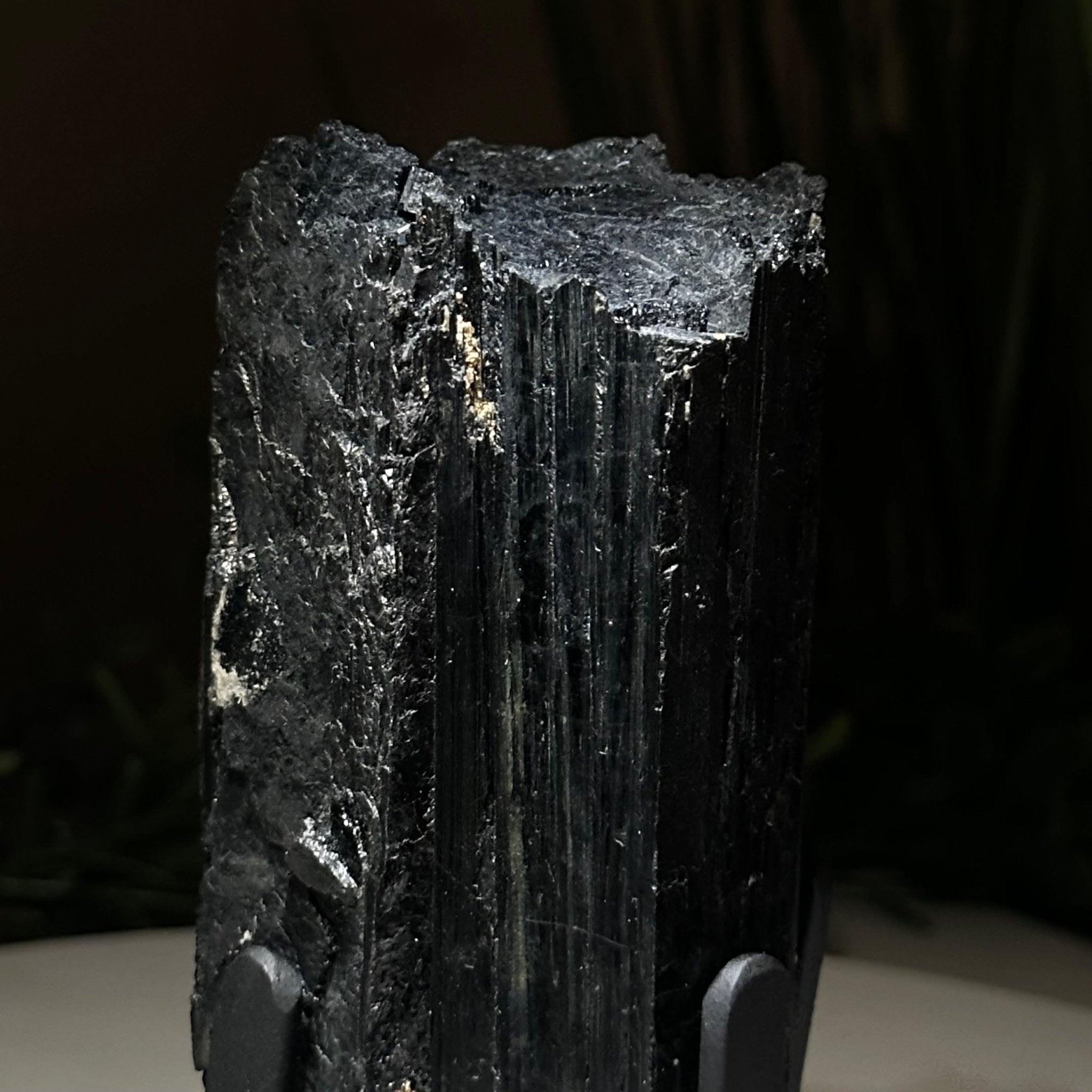 Black Tourmaline Cluster on a Metal Stand, 1.5 lbs and 6.1" Tall #6020 - 0001 - Brazil GemsBrazil GemsBlack Tourmaline Cluster on a Metal Stand, 1.5 lbs and 6.1" Tall #6020 - 0001Clusters on Wood Bases6020 - 0001