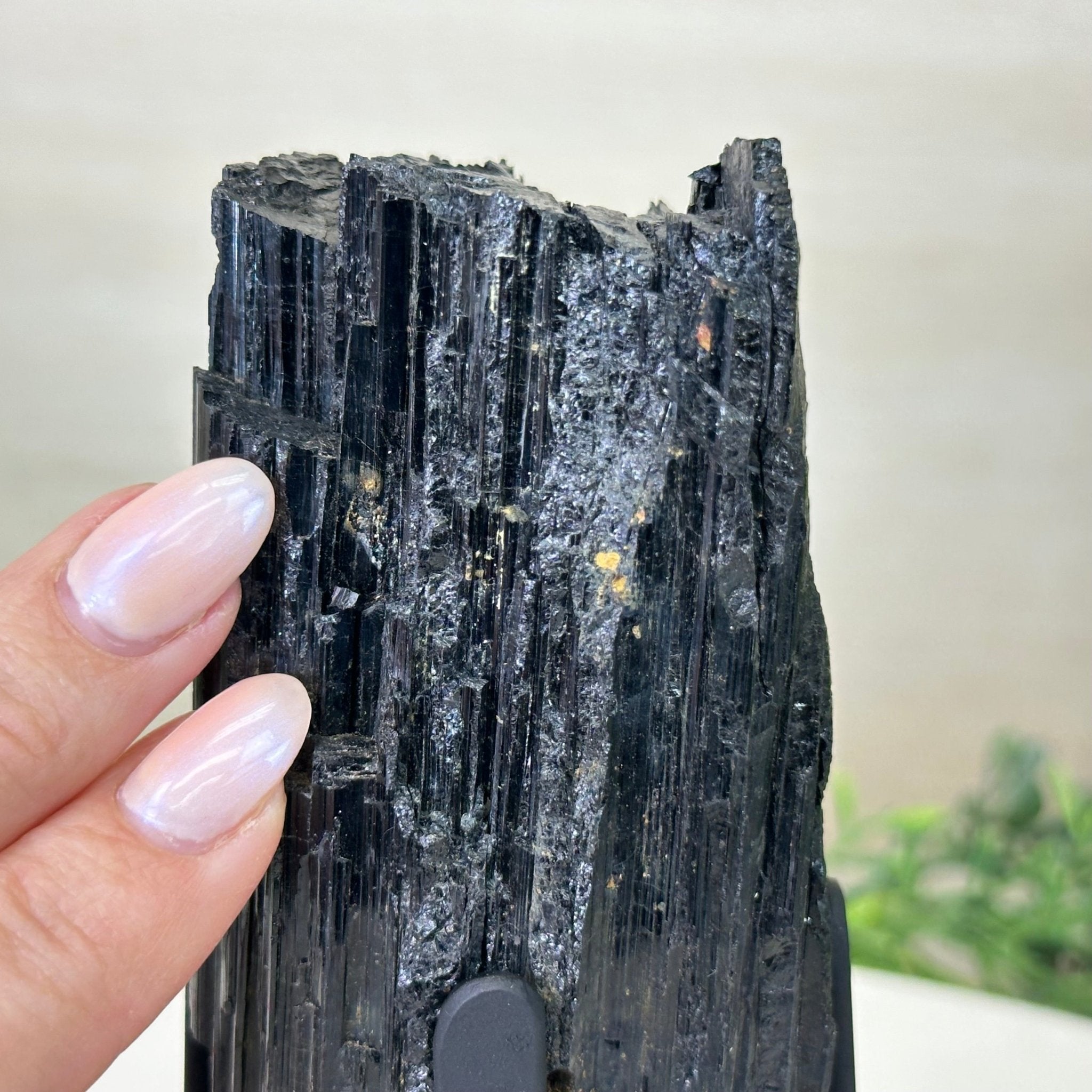 Black Tourmaline Cluster on a Metal Stand, 1.5 lbs and 6.1" Tall #6020 - 0001 - Brazil GemsBrazil GemsBlack Tourmaline Cluster on a Metal Stand, 1.5 lbs and 6.1" Tall #6020 - 0001Clusters on Wood Bases6020 - 0001