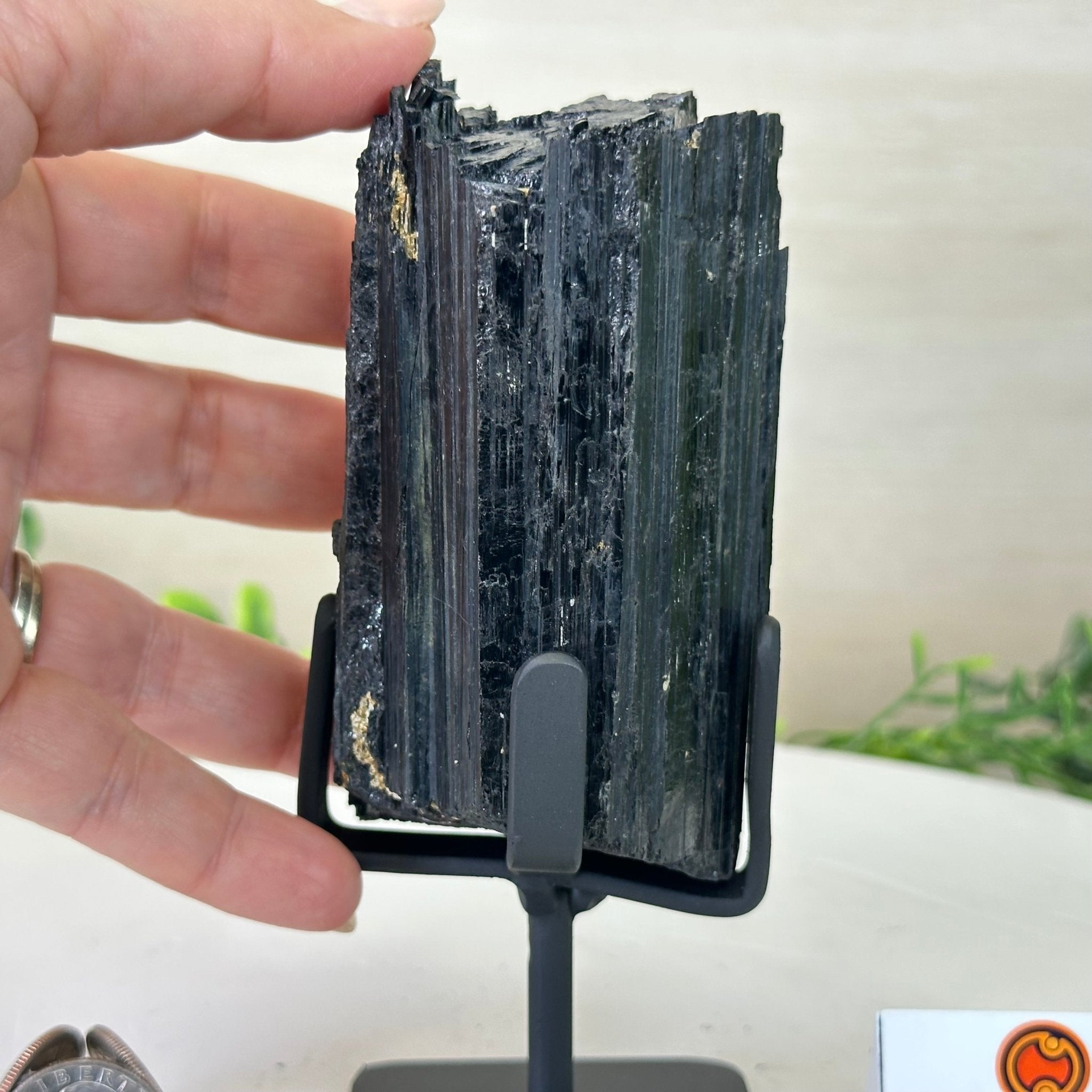 Black Tourmaline Cluster on a Metal Stand, 1.5 lbs and 6.1" Tall #6020 - 0001 - Brazil GemsBrazil GemsBlack Tourmaline Cluster on a Metal Stand, 1.5 lbs and 6.1" Tall #6020 - 0001Clusters on Wood Bases6020 - 0001