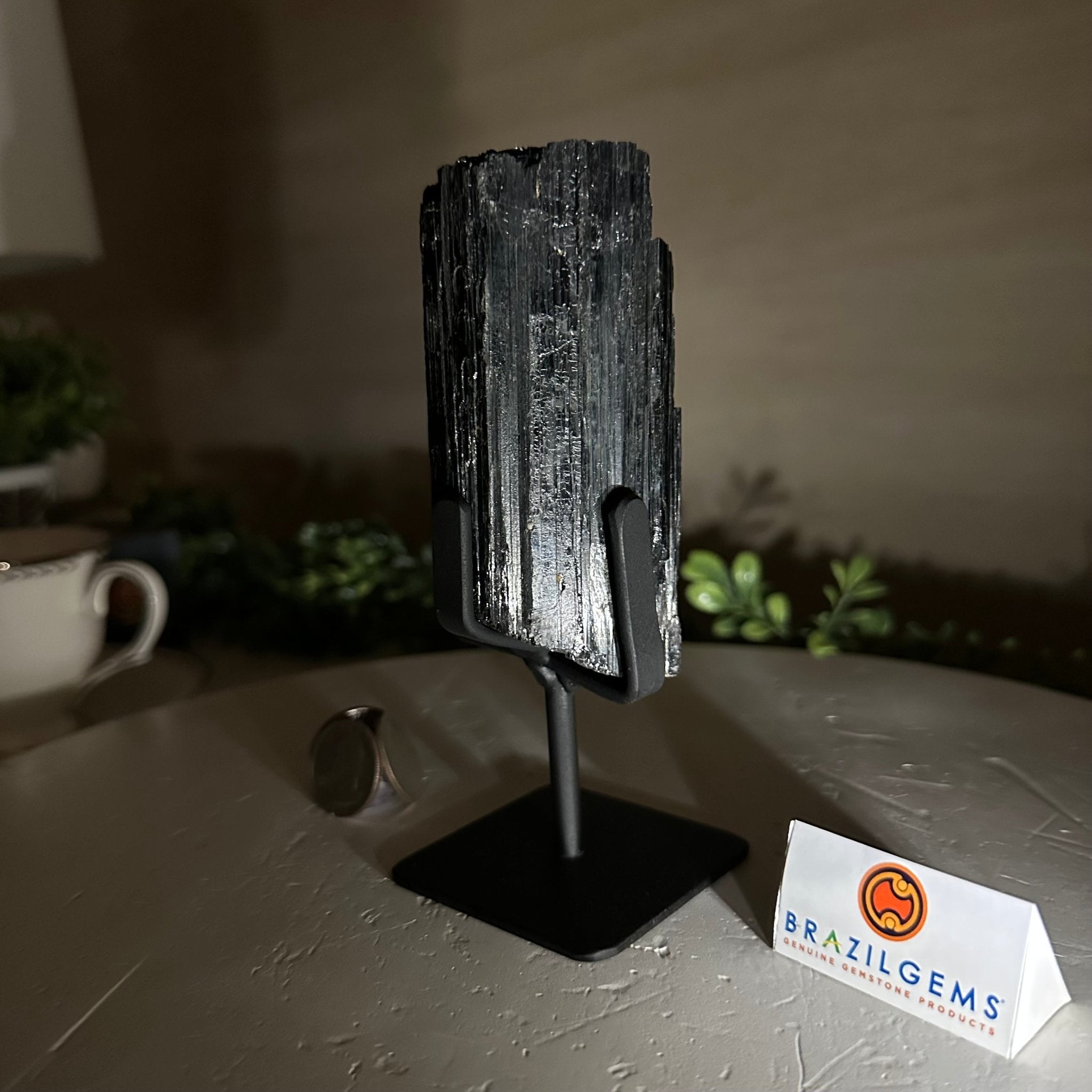 Black Tourmaline Cluster on a Metal Stand, 1.5 lbs and 6.1" Tall #6020 - 0001 - Brazil GemsBrazil GemsBlack Tourmaline Cluster on a Metal Stand, 1.5 lbs and 6.1" Tall #6020 - 0001Clusters on Wood Bases6020 - 0001