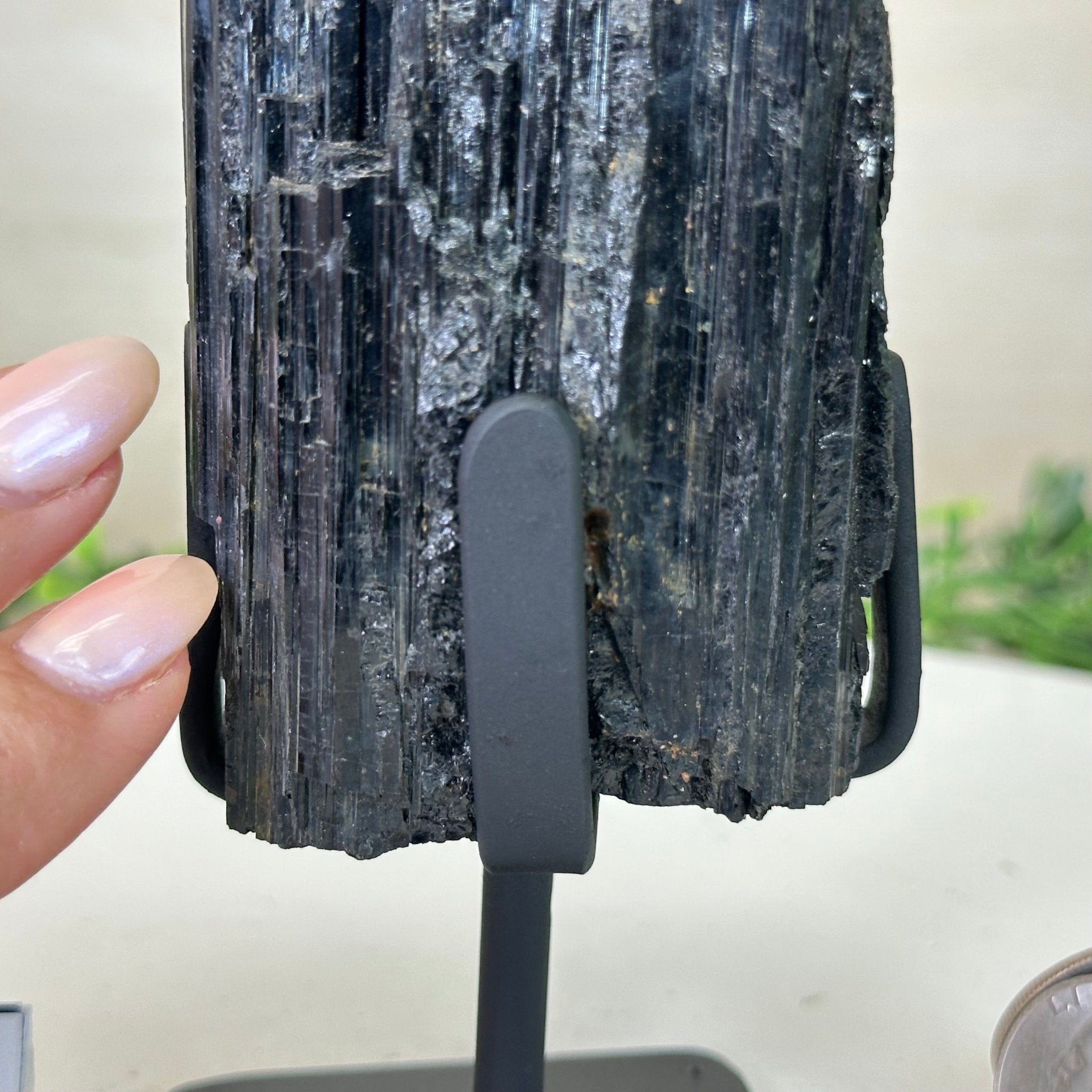 Black Tourmaline Cluster on a Metal Stand, 1.5 lbs and 6.1" Tall #6020 - 0001 - Brazil GemsBrazil GemsBlack Tourmaline Cluster on a Metal Stand, 1.5 lbs and 6.1" Tall #6020 - 0001Clusters on Wood Bases6020 - 0001