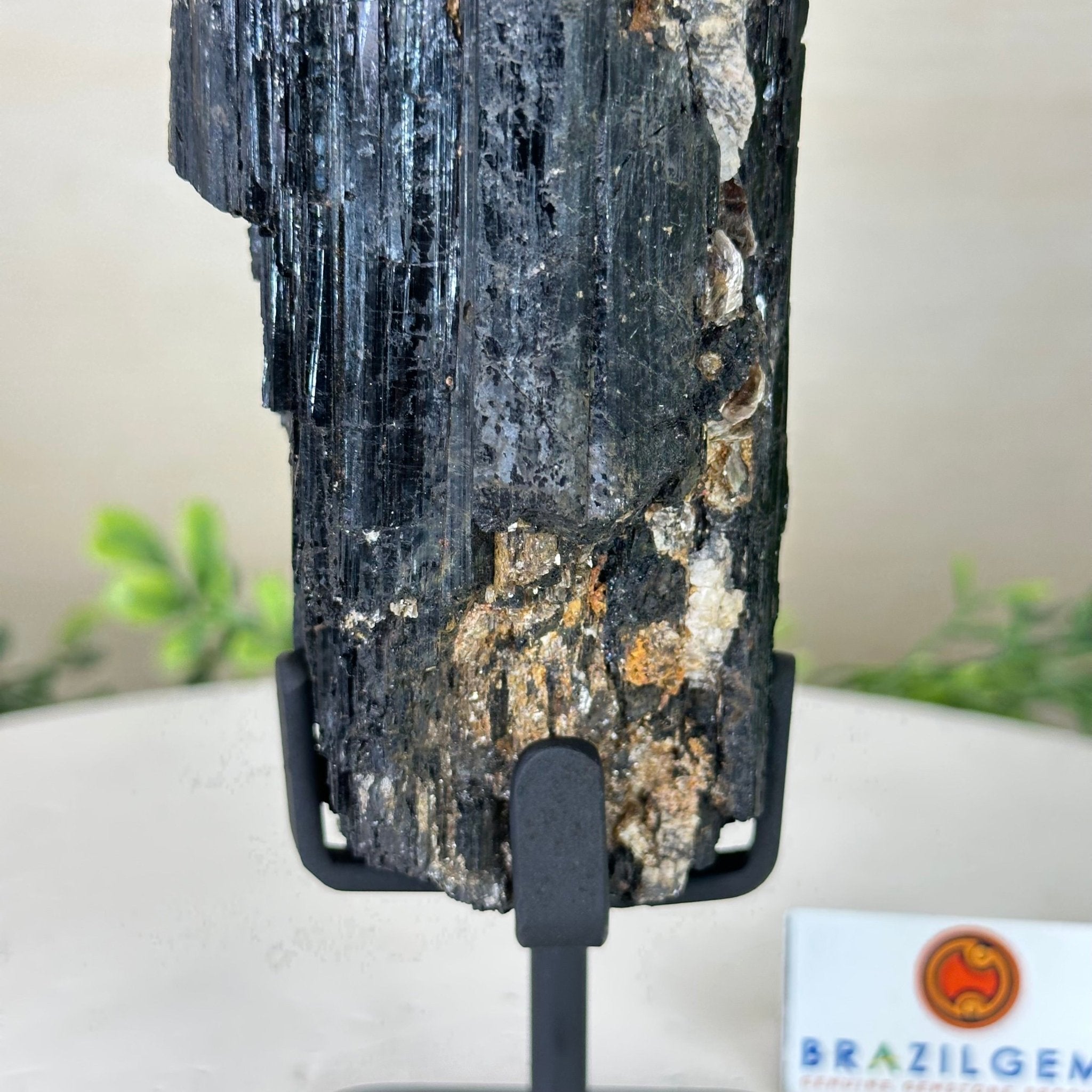 Black Tourmaline Cluster on a Metal Stand, 2.4 lbs and 9.5" Tall #6020 - 0002 - Brazil GemsBrazil GemsBlack Tourmaline Cluster on a Metal Stand, 2.4 lbs and 9.5" Tall #6020 - 0002Clusters on Wood Bases6020 - 0002