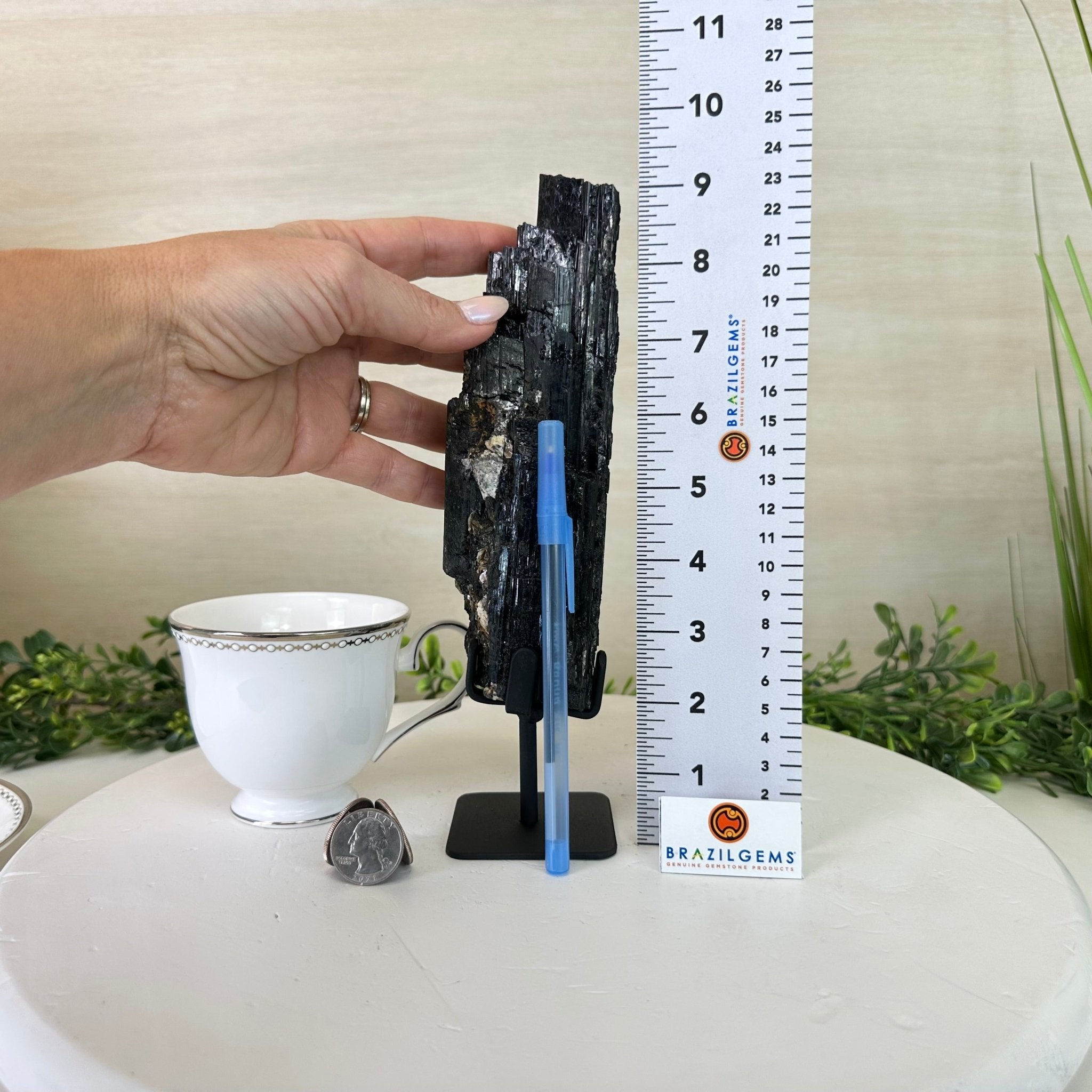 Black Tourmaline Cluster on a Metal Stand, 2.4 lbs and 9.5" Tall #6020 - 0002 - Brazil GemsBrazil GemsBlack Tourmaline Cluster on a Metal Stand, 2.4 lbs and 9.5" Tall #6020 - 0002Clusters on Wood Bases6020 - 0002