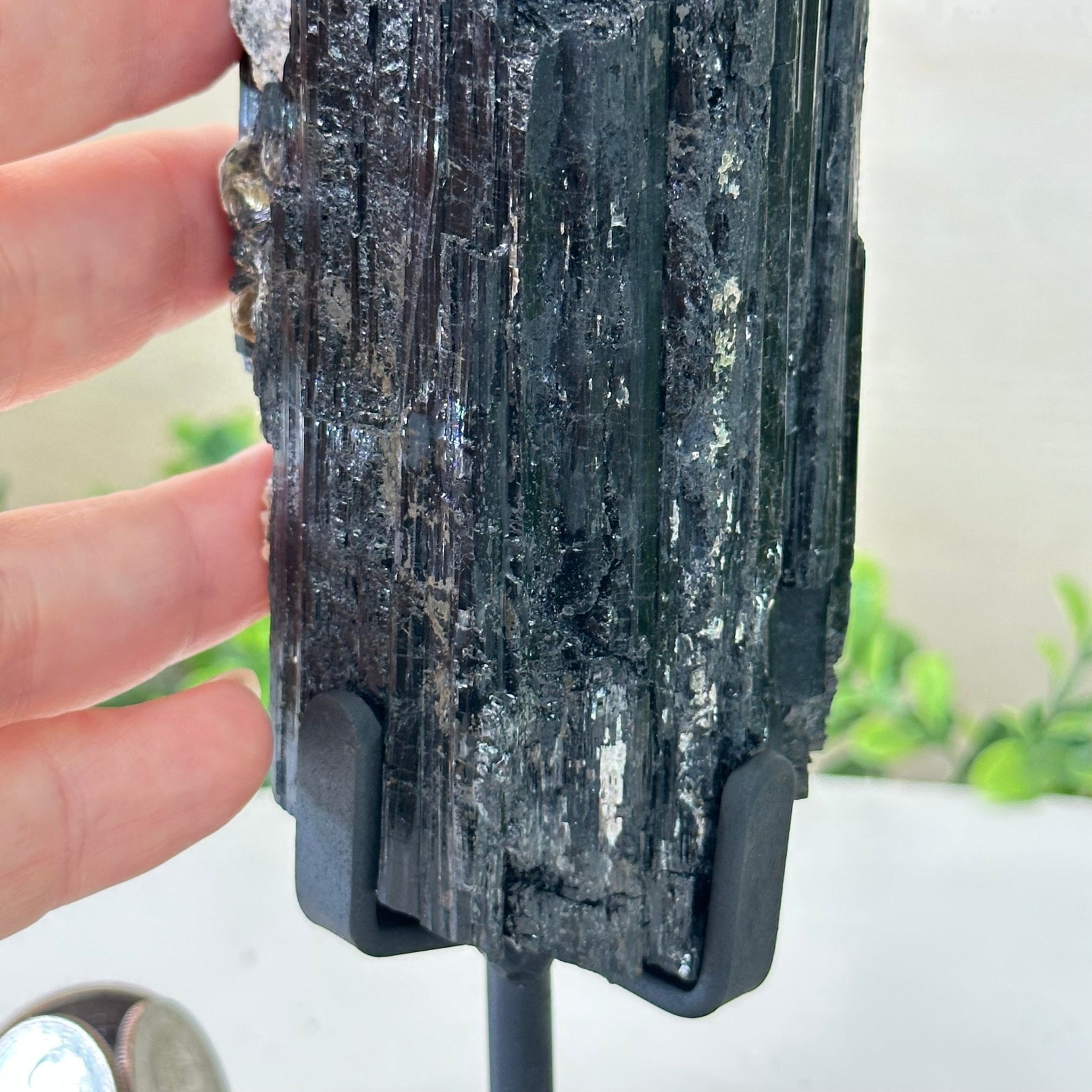 Black Tourmaline Cluster on a Metal Stand, 2.4 lbs and 9.5" Tall #6020 - 0002 - Brazil GemsBrazil GemsBlack Tourmaline Cluster on a Metal Stand, 2.4 lbs and 9.5" Tall #6020 - 0002Clusters on Wood Bases6020 - 0002