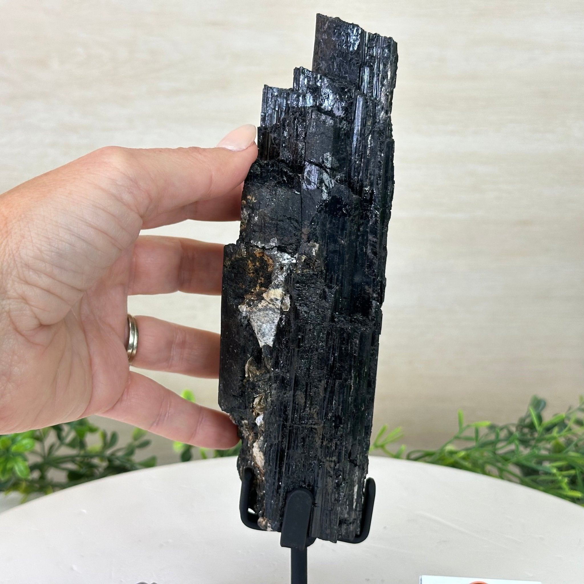 Black Tourmaline Cluster on a Metal Stand, 2.4 lbs and 9.5" Tall #6020 - 0002 - Brazil GemsBrazil GemsBlack Tourmaline Cluster on a Metal Stand, 2.4 lbs and 9.5" Tall #6020 - 0002Clusters on Wood Bases6020 - 0002